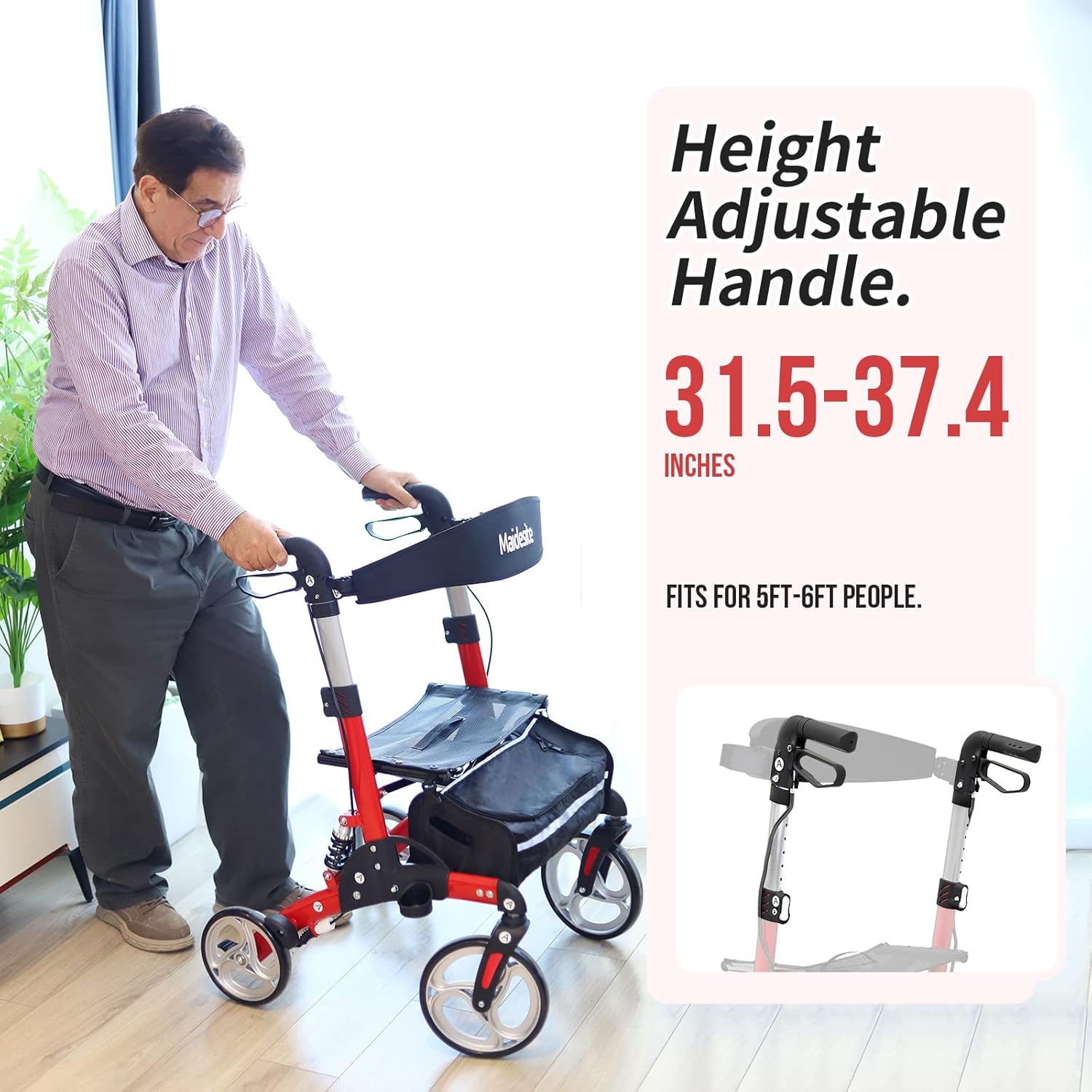 Rollator Walker with Seat for Seniors, Foldable Rolling Walker with Adjustable Handles, Lightweight Mobility Walking Aid for Elderly with 10" Front Wheels, Support up to 400 lbs, Red : Health & Household