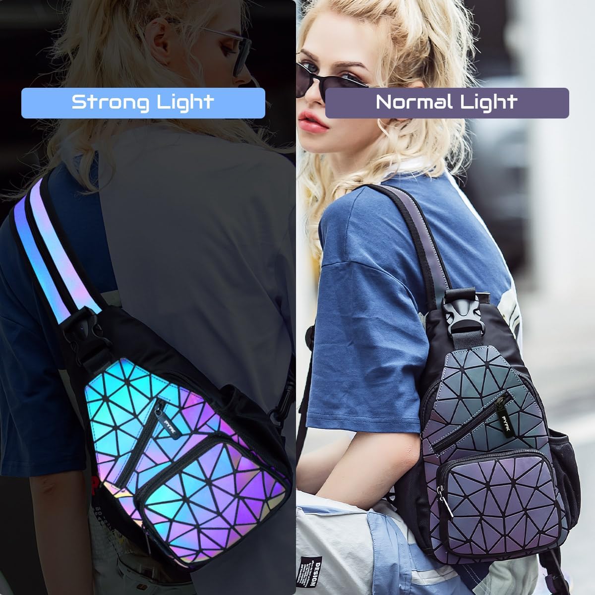 PYFK Geometric Backpack Luminous Holographic Purse Color Changes Flash Reflective Bag For Cycling Fashion Sling Bag for Women(Prism) - Image 2