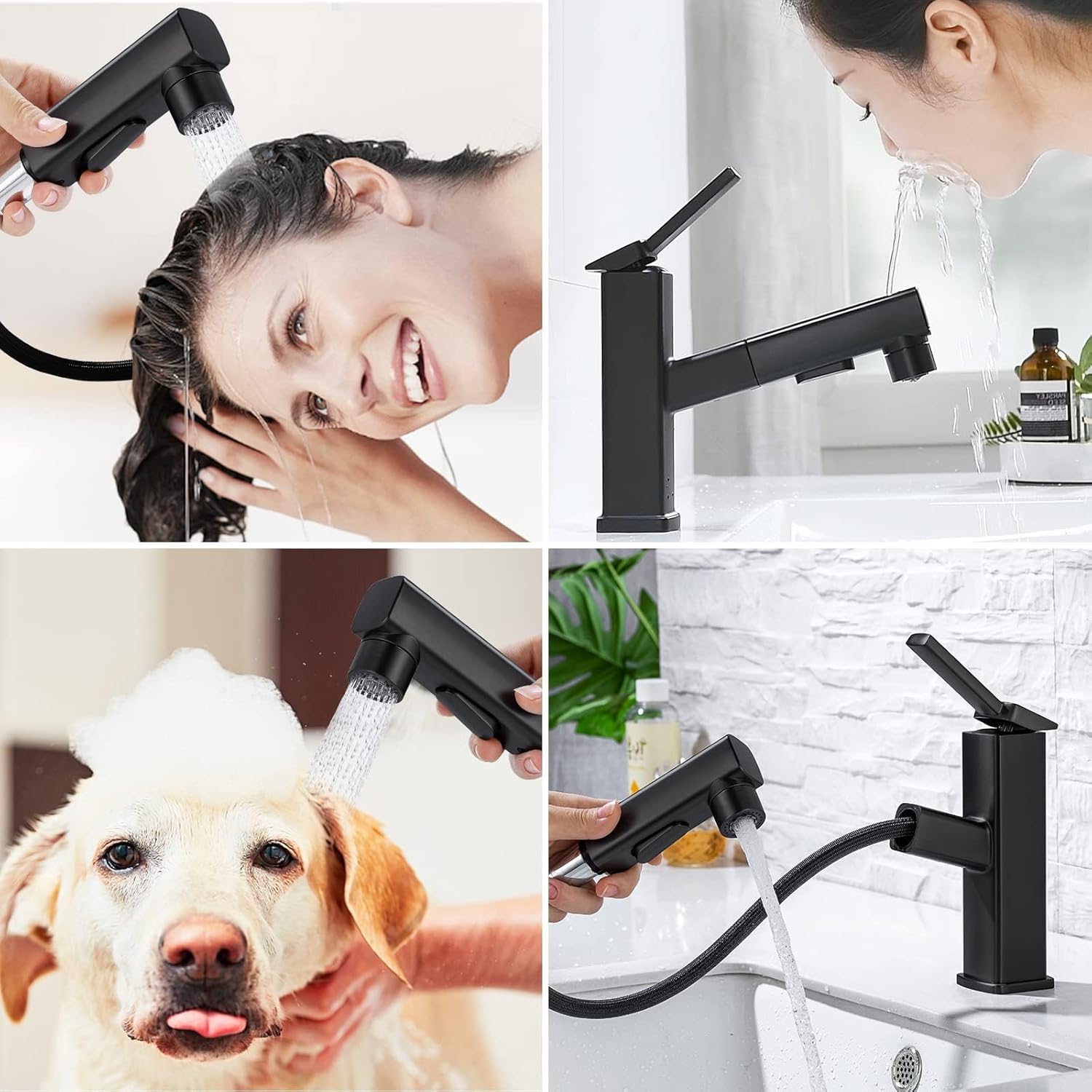 HANLIAN Single Hole Pull Out Faucet for Bathroom Sink, Black Sink Faucet Bathroom, One Handle Modern Restroom Tap with Pull Down Sprayer, 3 Modes Washroom Pull Out Tap with Rotating Spout