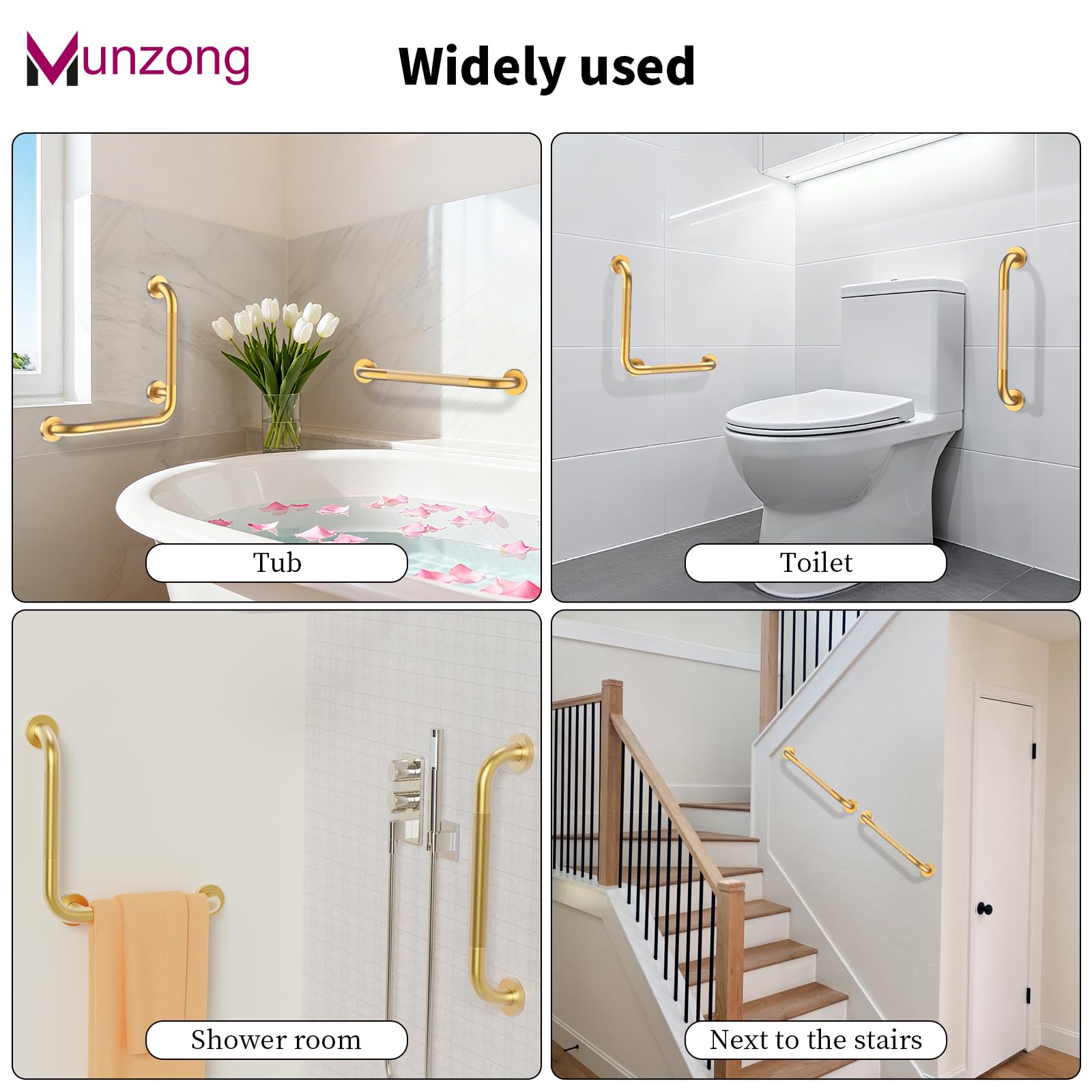 Munzong - Barras de agarre doradas para bañeras y duchas, barra de agarre en ángulo de 16 pulgadas, mango de seguridad estriado de acero inoxidable antideslizante para personas mayores