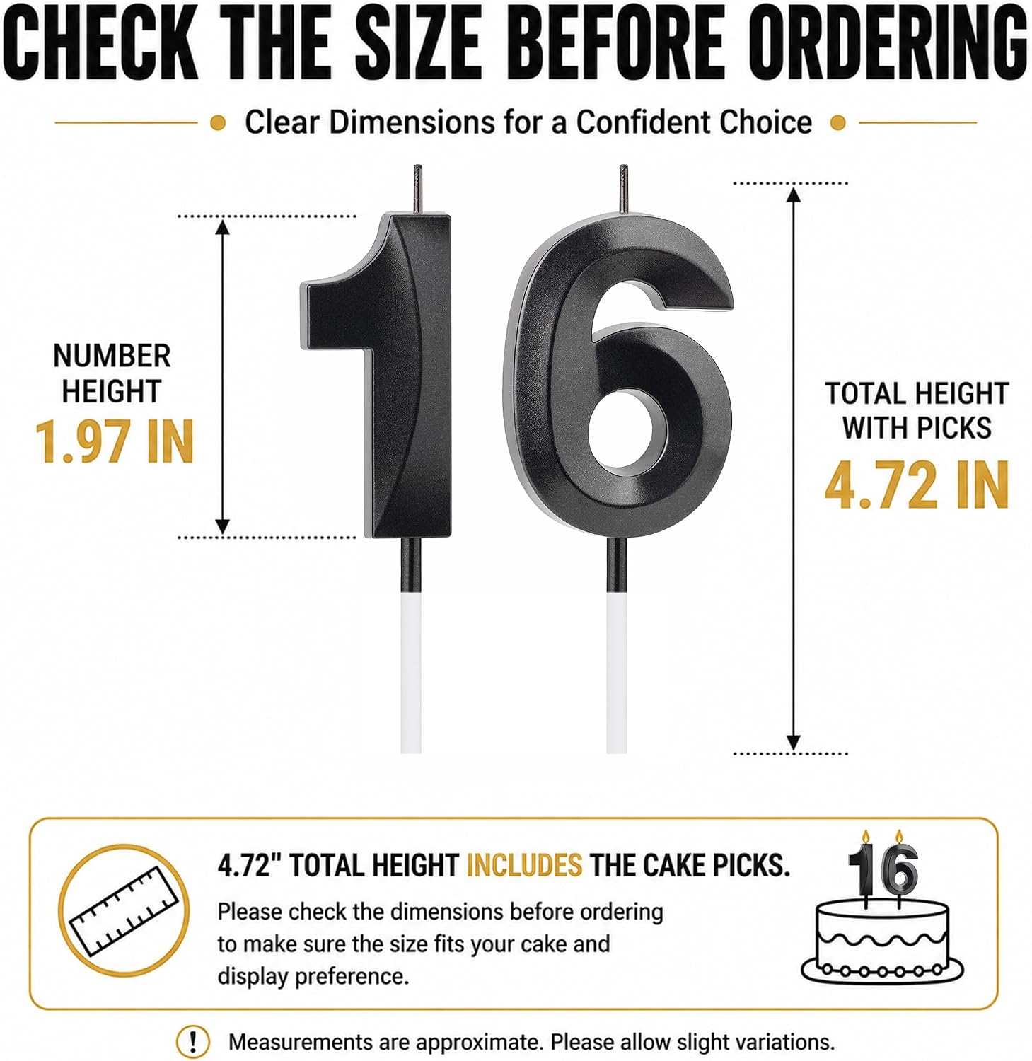 Black Number 16 Candles, Sweet 16 Decorations for Boys & Girls