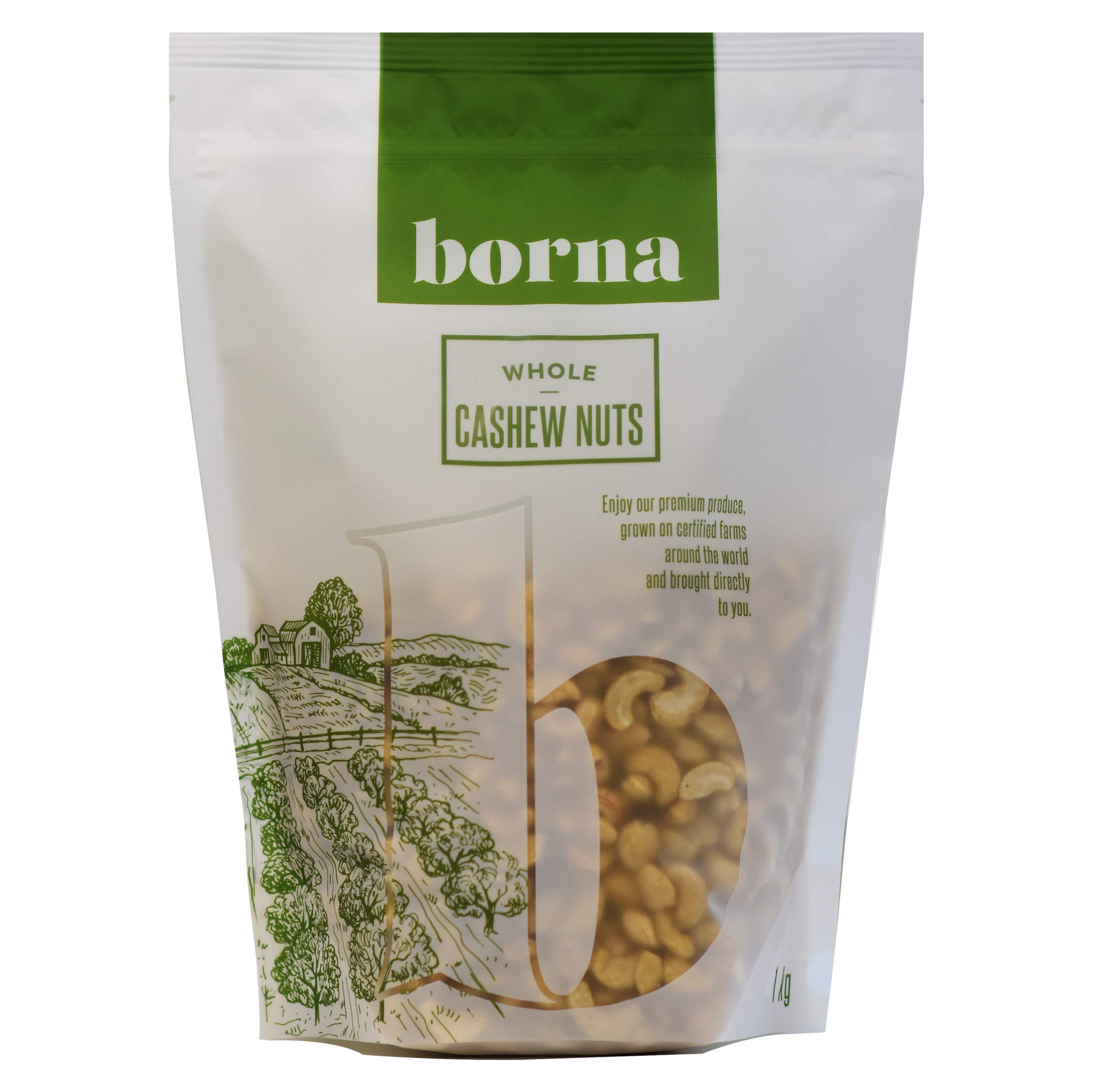 Borna Foods Cashew (Whole Cashew Nuts, 1kg) – Rich in Natural Fiber and Protein for a Fresh, Healthy Snack. Comes in a Convenient Resealable Bag for Ultimate Freshness. Vegan and Kosher Certified.