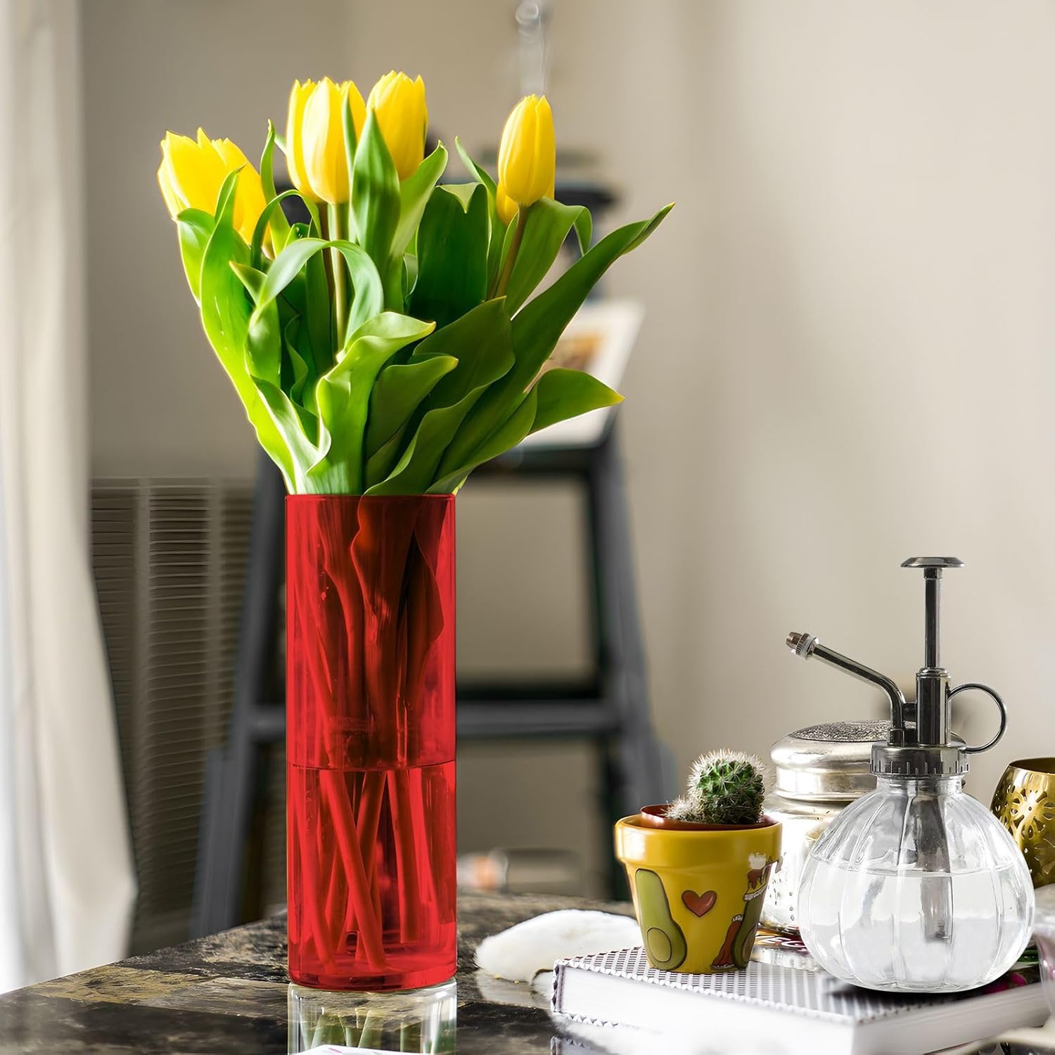 11.8" Tall Round Vase Strong Red Flower Vases Clear Cylinder Vase Vase for Bookshelf, Dinner Table