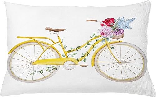 Ambesonne Funda de cojín vintage con diseño de hojas y flores de bicicleta con efecto acuarela en la cesta, funda de almohada rectangular