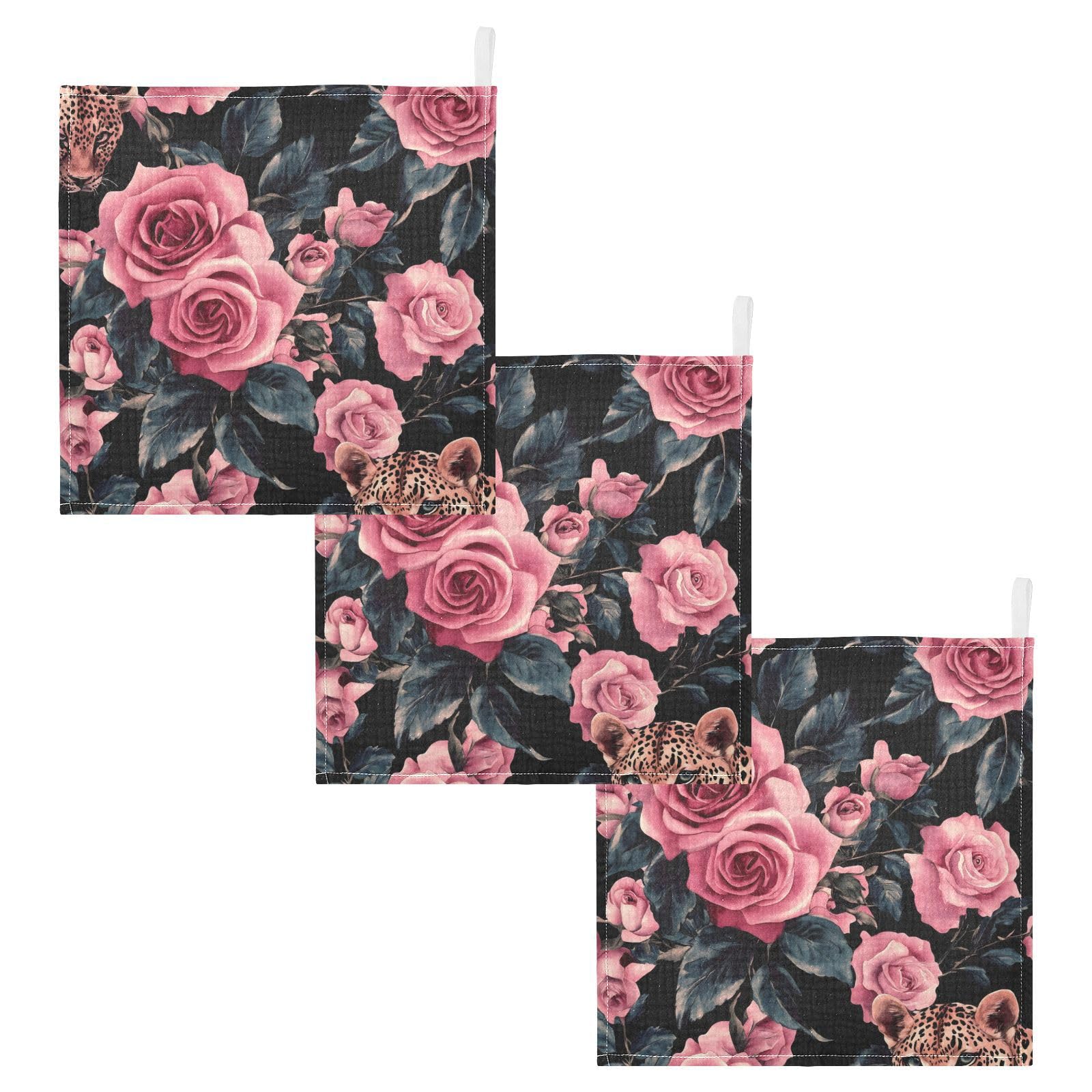 Nander Roses and Leopard Baby Muslin Washcloths 3PCS- Soft Face Cloths for Newborn Absorbent Bath Wash Cloths Wipes