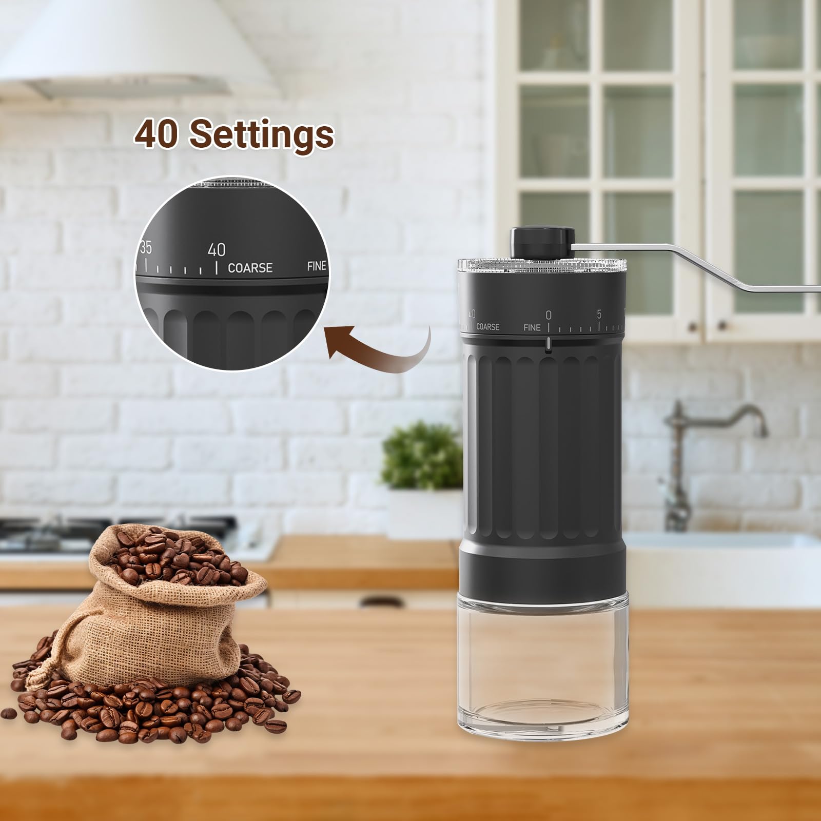 Moulin à Café Manuel, Portable Broyeur à Café en Grain avec Meules en Céramique, 40 Réglages Externes pour French Press, Espresso, Pour-Over, Moka, Idéal pour Maison, Bureau ou Voyages