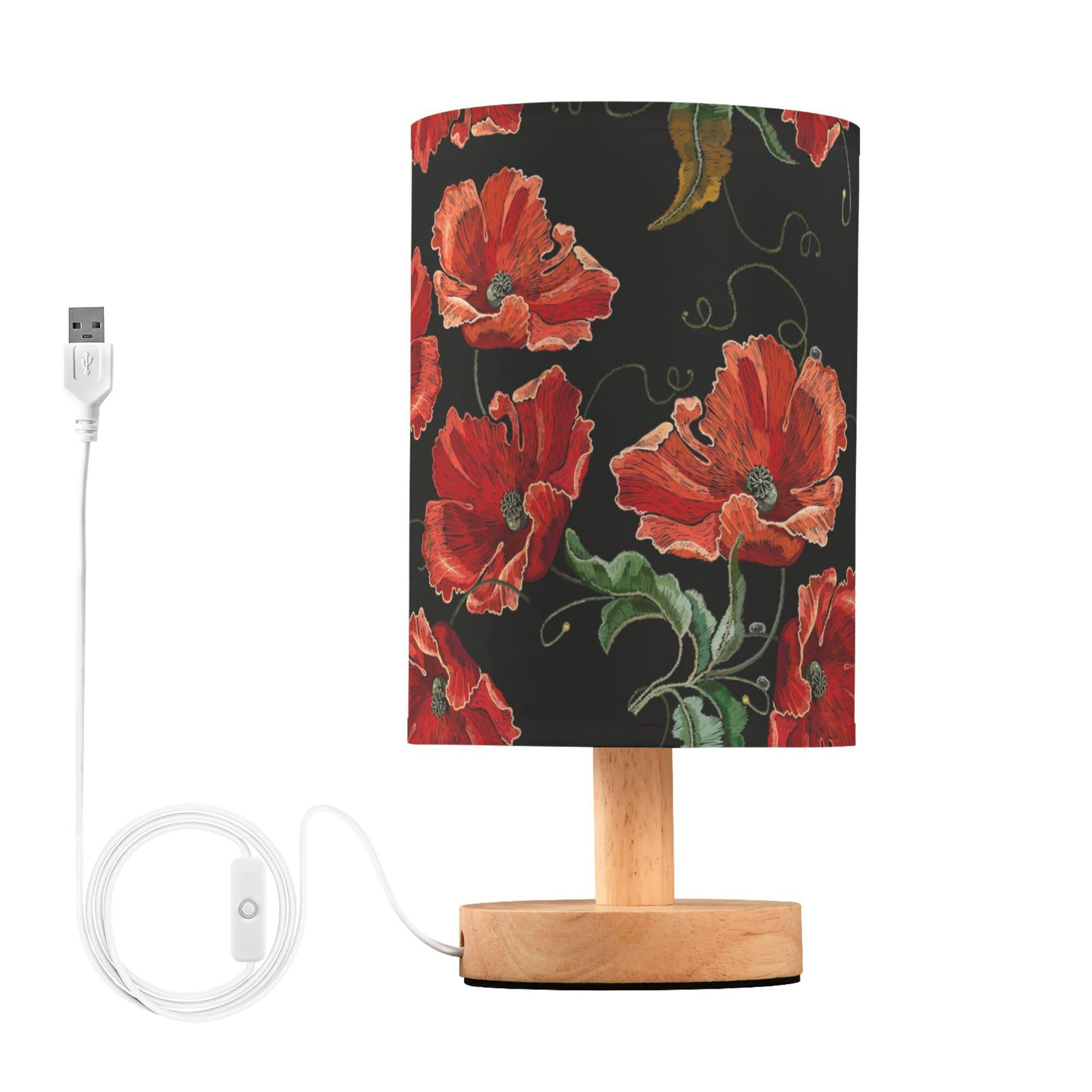 Lámpara de mesa con estampado de flores de amapola roja, con patrón floral, lámpara de mesita de noche con base de madera, pantalla de tela, lámpara de escritorio para sala de estar, dormitorio