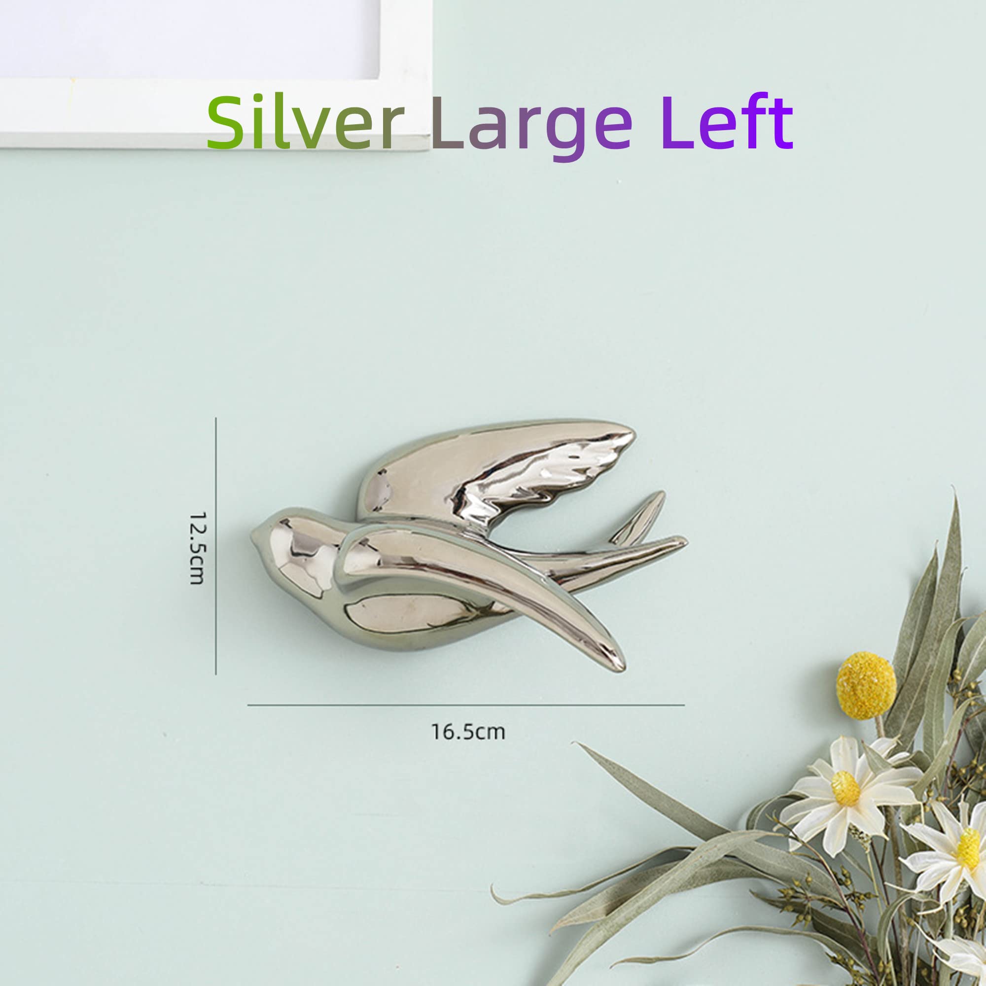 Dekoracje ścienne 3D, Ceramiczna dekoracja ścienna 3D z jaskółkami i wróblami do salonu(Silver Right,16.5L x 12.5W cm)