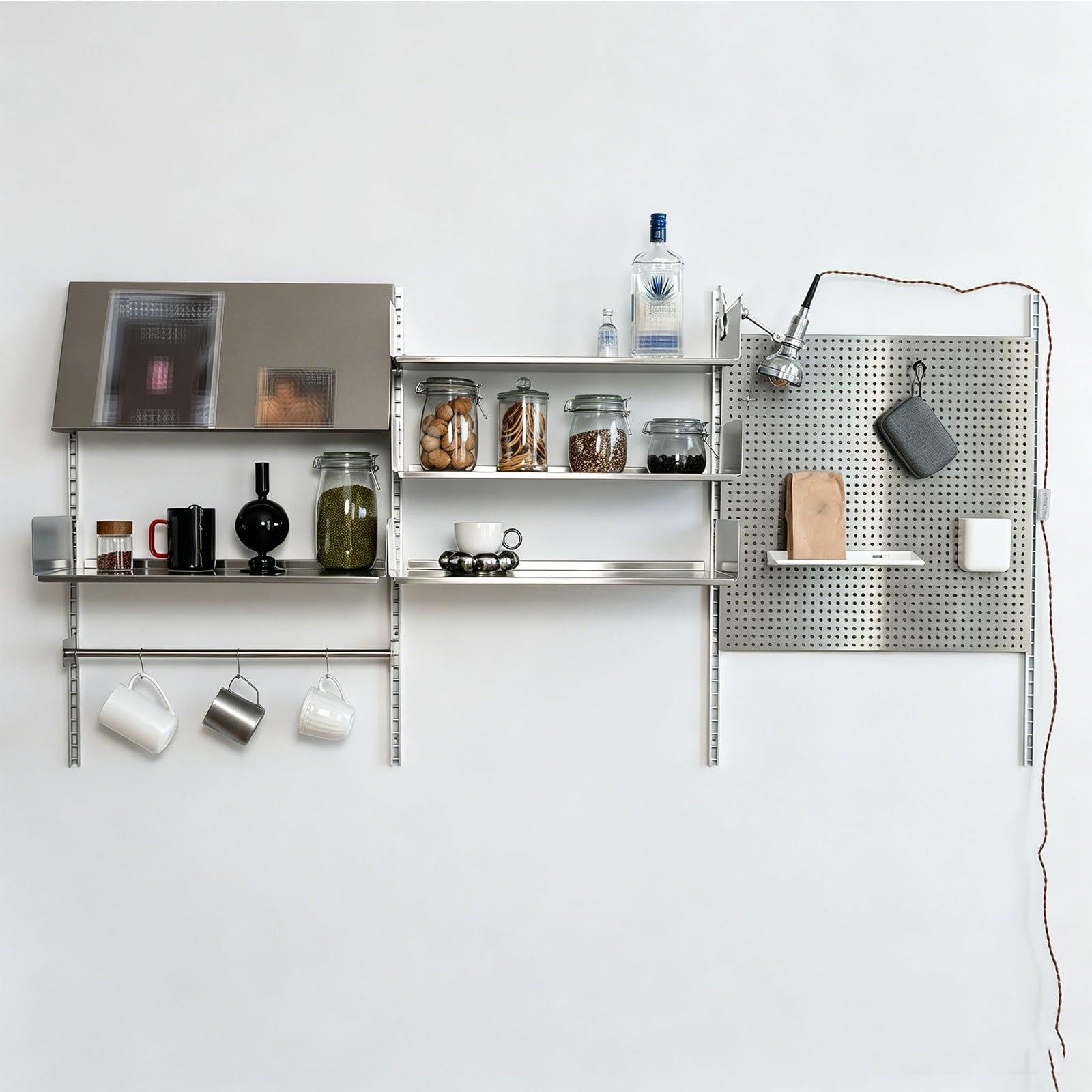 Pegboard Wall Organizer Acero Inoxidable Metal Panel Perforado Pared Dormitorio Estantes Ajustables Organizador Garaje Cada Estante Soporta 50Kg para Garaje, Cocina, Baño y Oficina