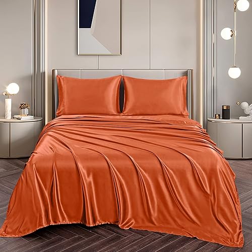 Vista 322 de Vonty Satin Sheets King Silky Soft Satin Bed Sheets Amber Beige Sheet Set, 1 Deep Pocket Fitted Sheet + 1 Flat Sheet + 2 Pillowcases