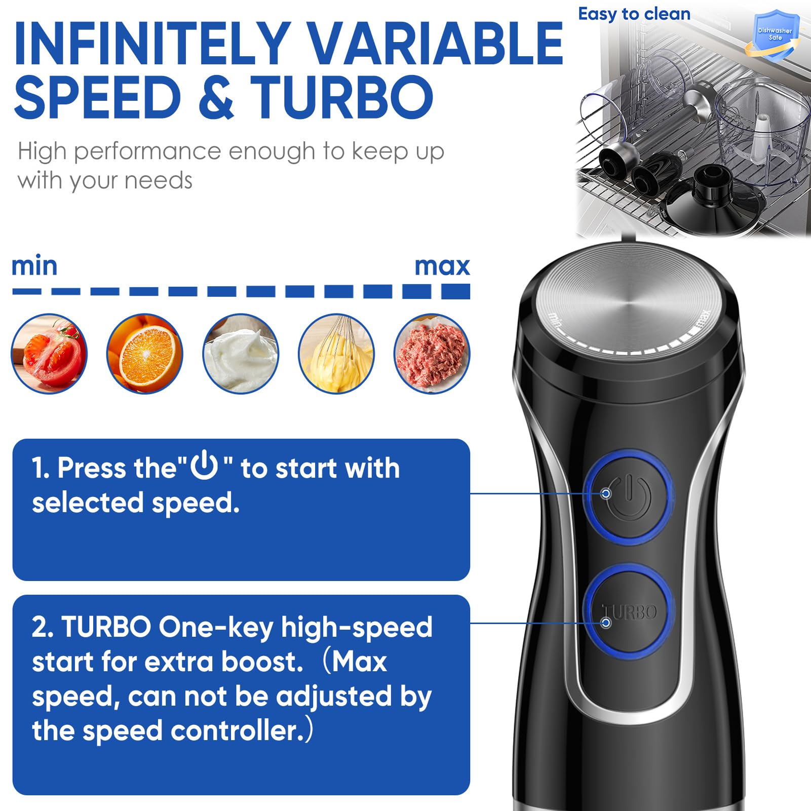 Batidora De Mano Eléctrica 1500W 5-En-1 Con Función Turbo | Batidora De Inmersión Con 6 Velocidades Y Picadora 800ML Vaso Medidor 600ML Batidor De Acero Inoxidable Y Espumador(A)