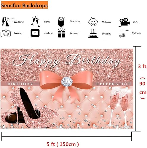 Miniatura 9 de Sensfun Cartel de fondo de feliz cumpleaños de oro rosa para mujer, decoraciones de fiesta de cumpleaños con purpurina, tacones rosados con lazo,