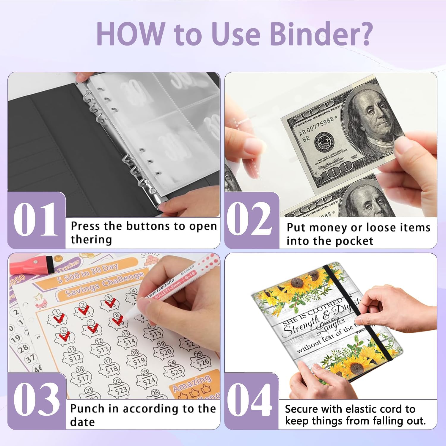 100 Envelopes Money Saving Challenge Binder, A5 Budget Binder with 25 pcs Cash Envelopes, 3 pcs Reusable Laminated Trackers Saving $5050, $500, $10000, Money Organizer,Proverbs 31-25 Sunflowers