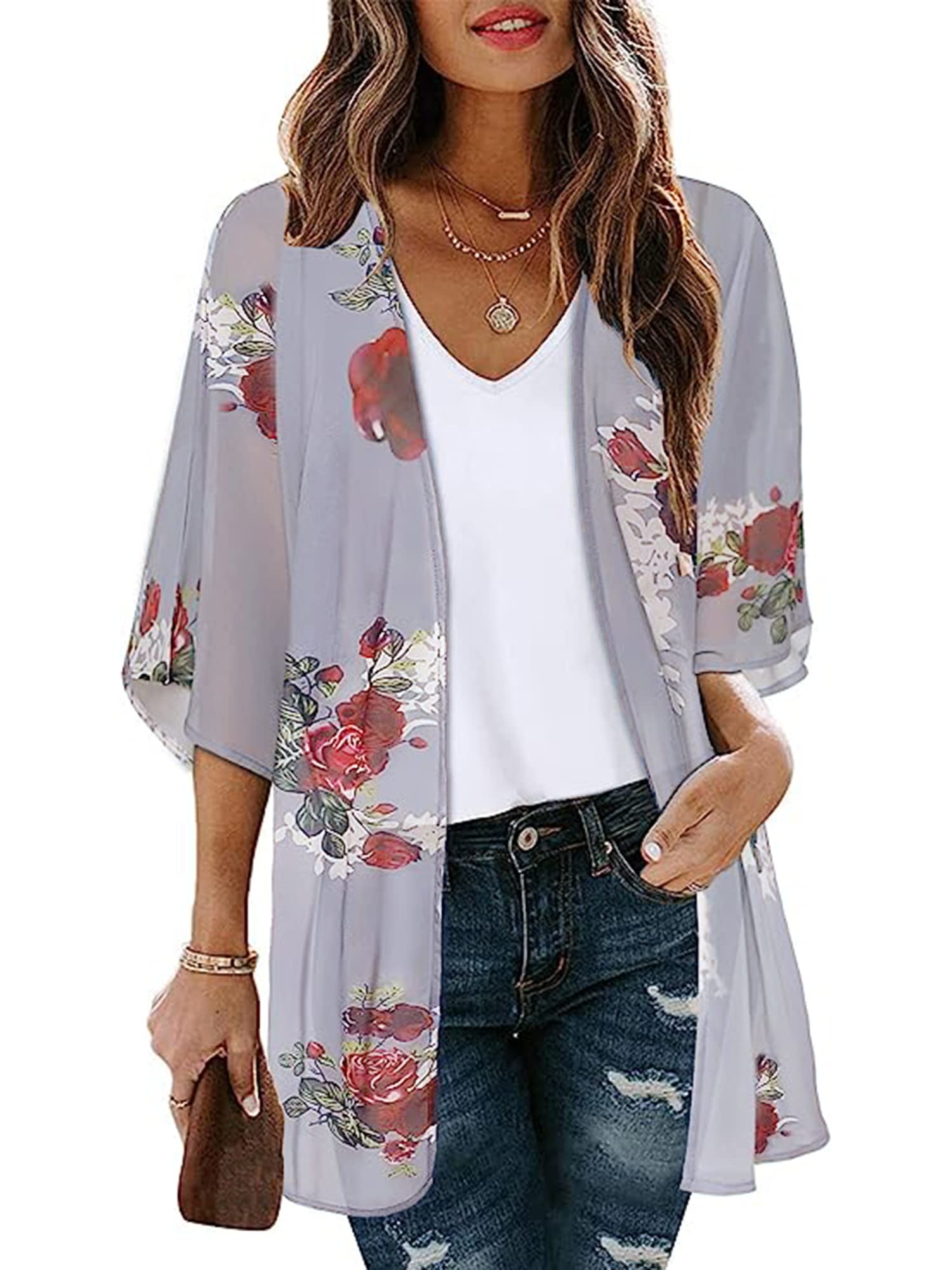 Chunoy Damska bluzka na co dzień z krótkim rękawem szyfonowe kimono szal bluzka top, Pasek - zielony, Medium