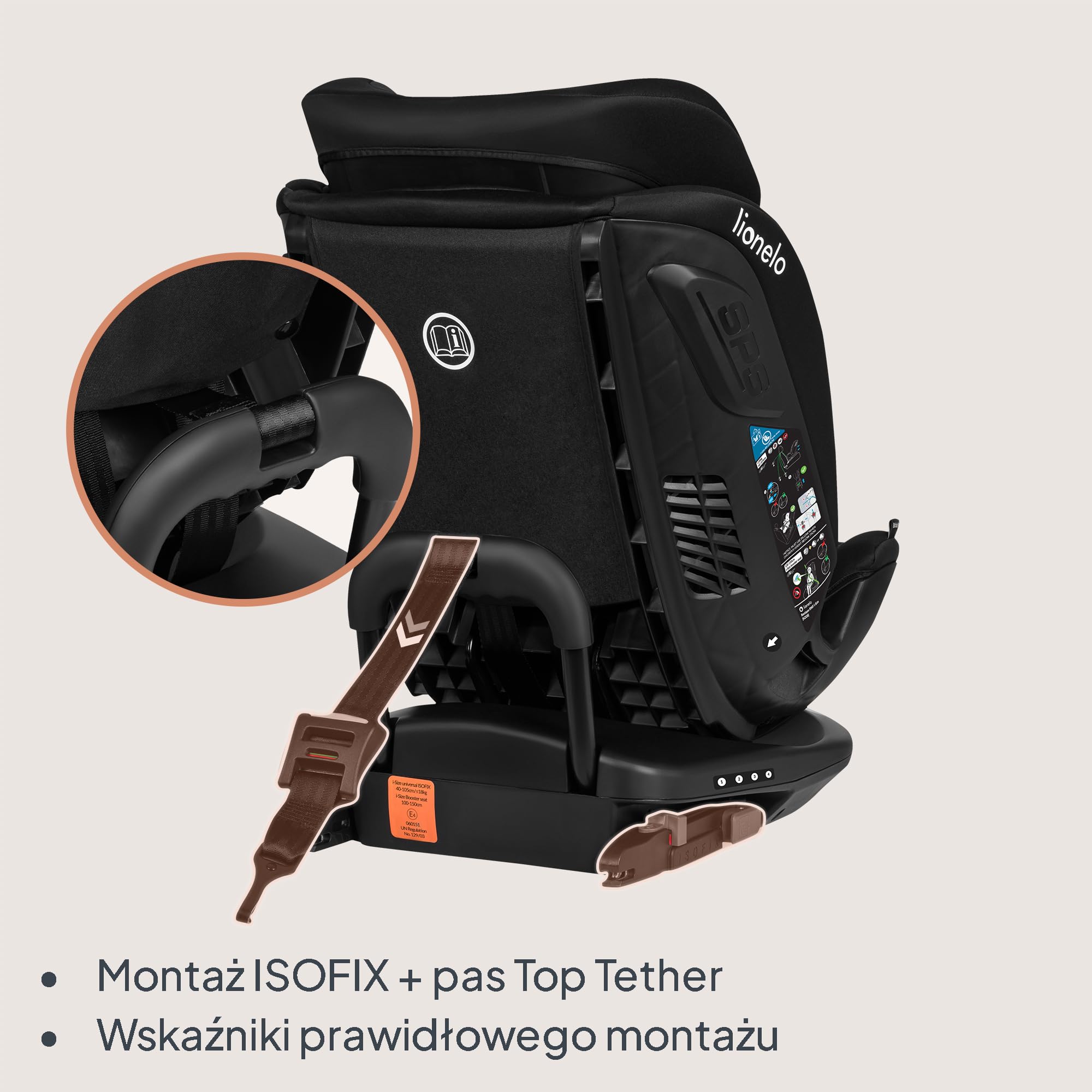 LIONELO Bastiaan RWF I-size Fotelik Samochodowy Obrotowy 360o dla Dzieci 0-36kg, Montaż Przodem i Tyłem (18 kg), ISOFIX Pas TopTether, Regulacja Zagłówka Pasów i Oparcia Ochrona Boczna Czarny