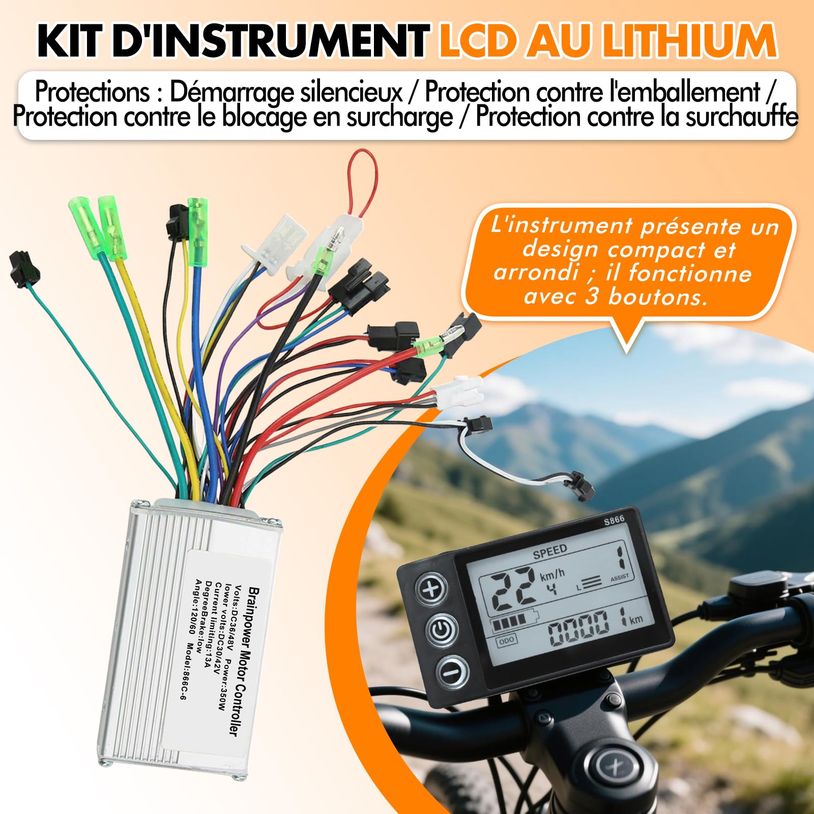 Kit de Contrôleur de Moteur sans Balais pour Vélo Électrique, 36V 48V 350W 13A Contrôleur de Moteur Brushless avec Panneau d'Affichage LCD S866 Étanche pour Trottinette Électrique