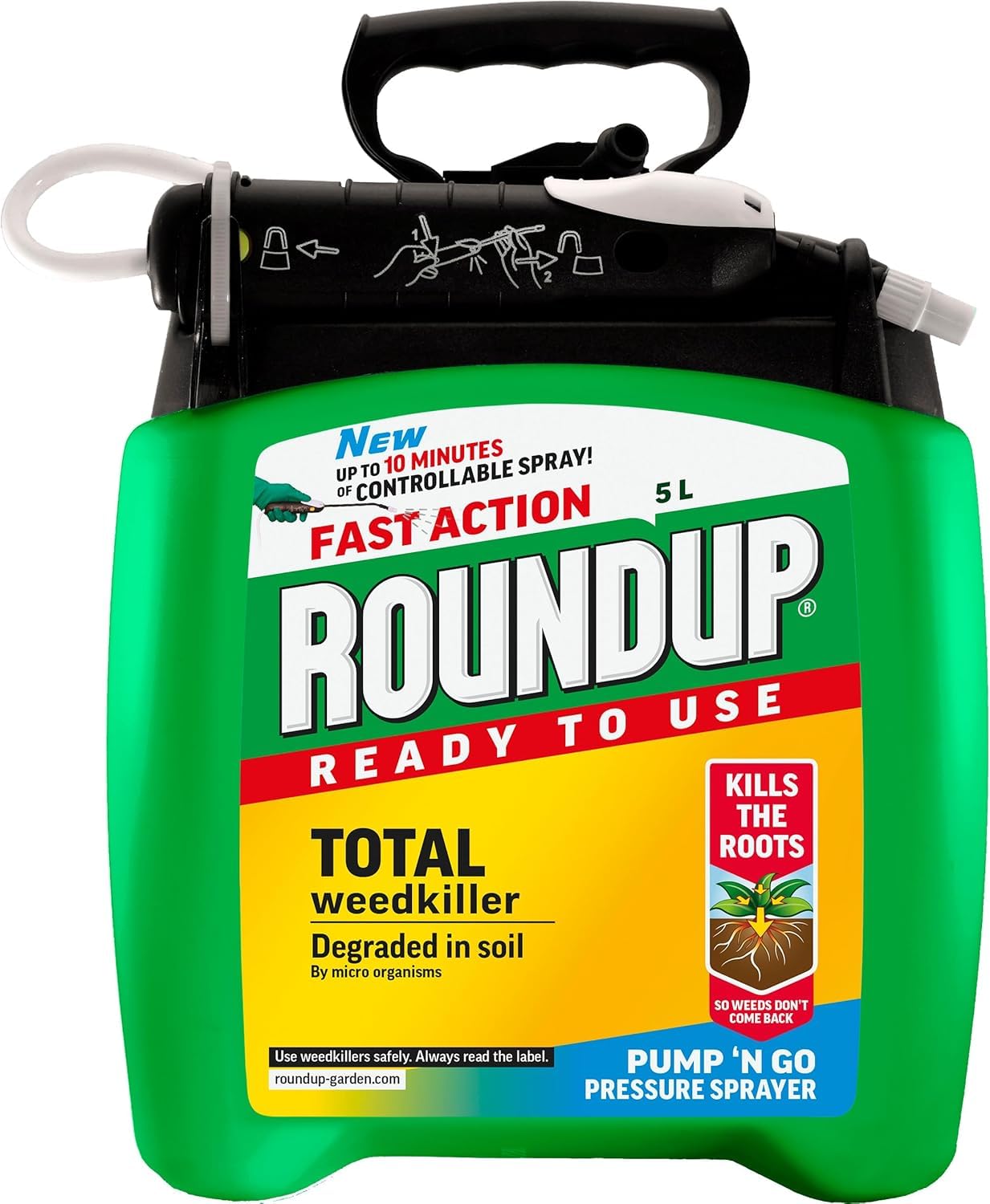 Roundup Total Weed Killer Ready to Use | Fast Acting Systemic Root Killer for Patios, Paths, Driveways & Gravel | Visible Results in 24 Hours | Rainproof in 2 Hours | Home & Garden Use Pump N Go 5L