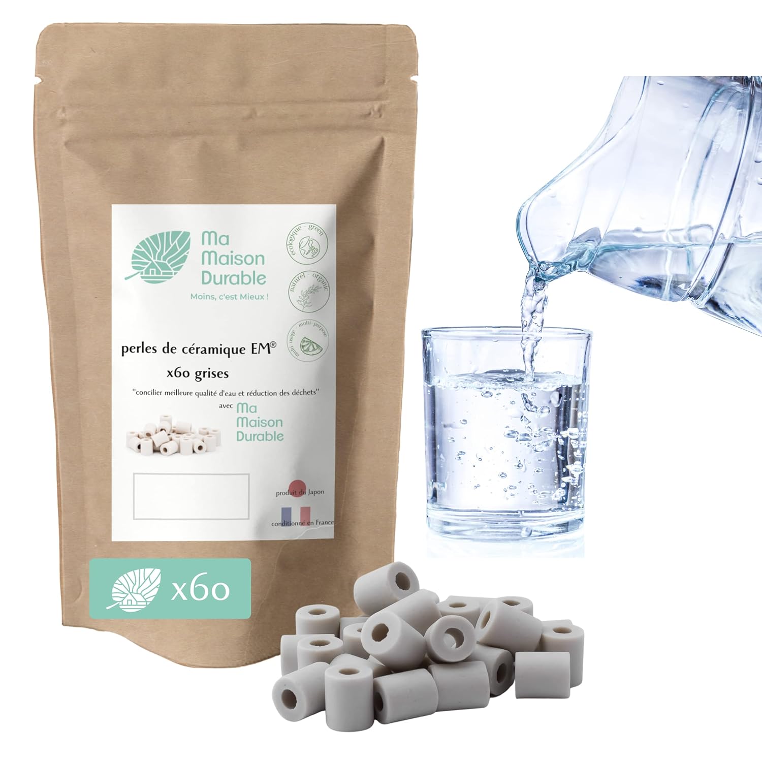 Ma Maison Durable | X60 Perlas de Cerámica EM® Grises | Filtro Purificador 100% Natural Agua del Grifo| Bolas de Filtración Natural Cloro Calcáreo| Para Jarra Jarra Botella Fuente Hervidor