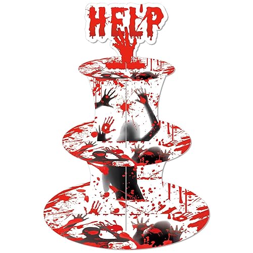 Halloween Help Cupcake Stand Spooky Bloody Handprints 3-Tier Cardboard Cake