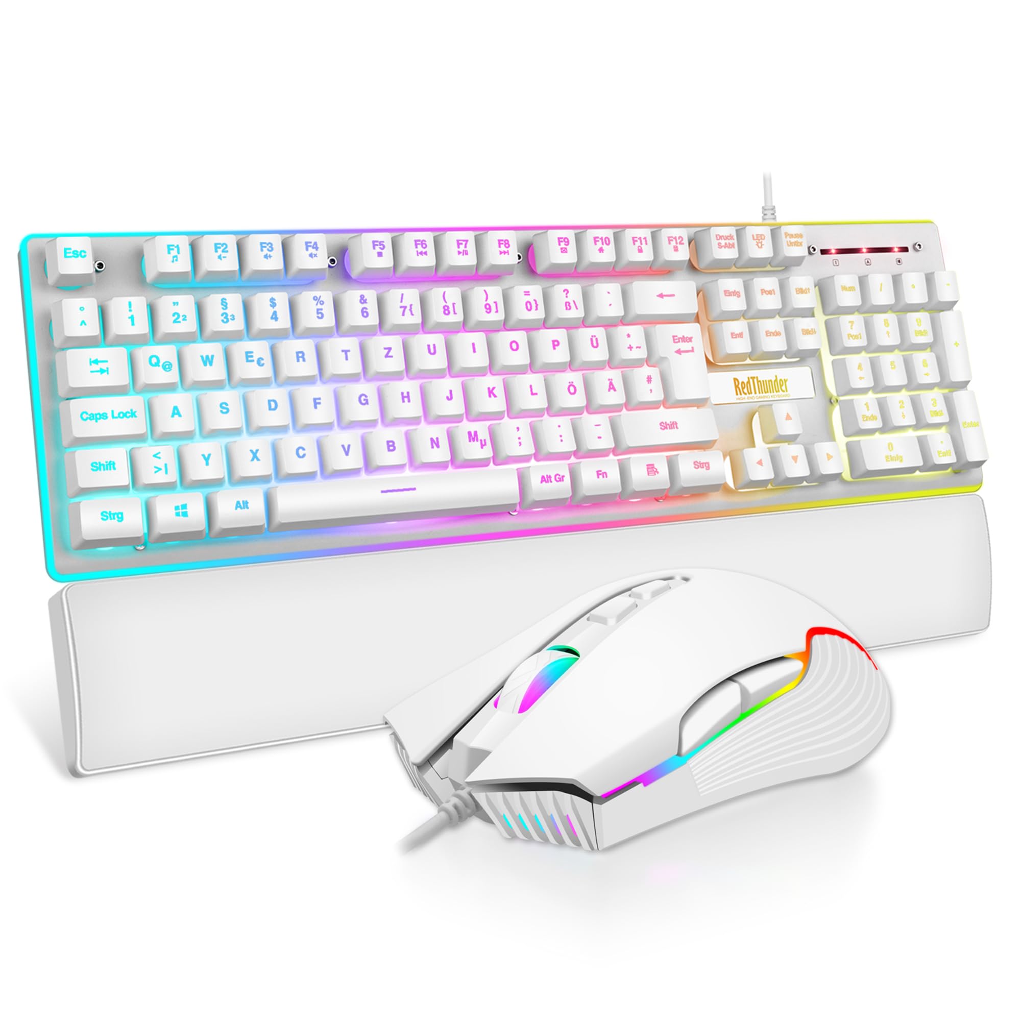 RedThunder K10 Gaming Tastatur und Maus Set, QWERTZ DE-Layout, Metallplatte und Handballenauflager，RGB-Hintergrundbeleuchtung - und 7D mit Ergonomische - für PC Mac Gamer(Weiß)