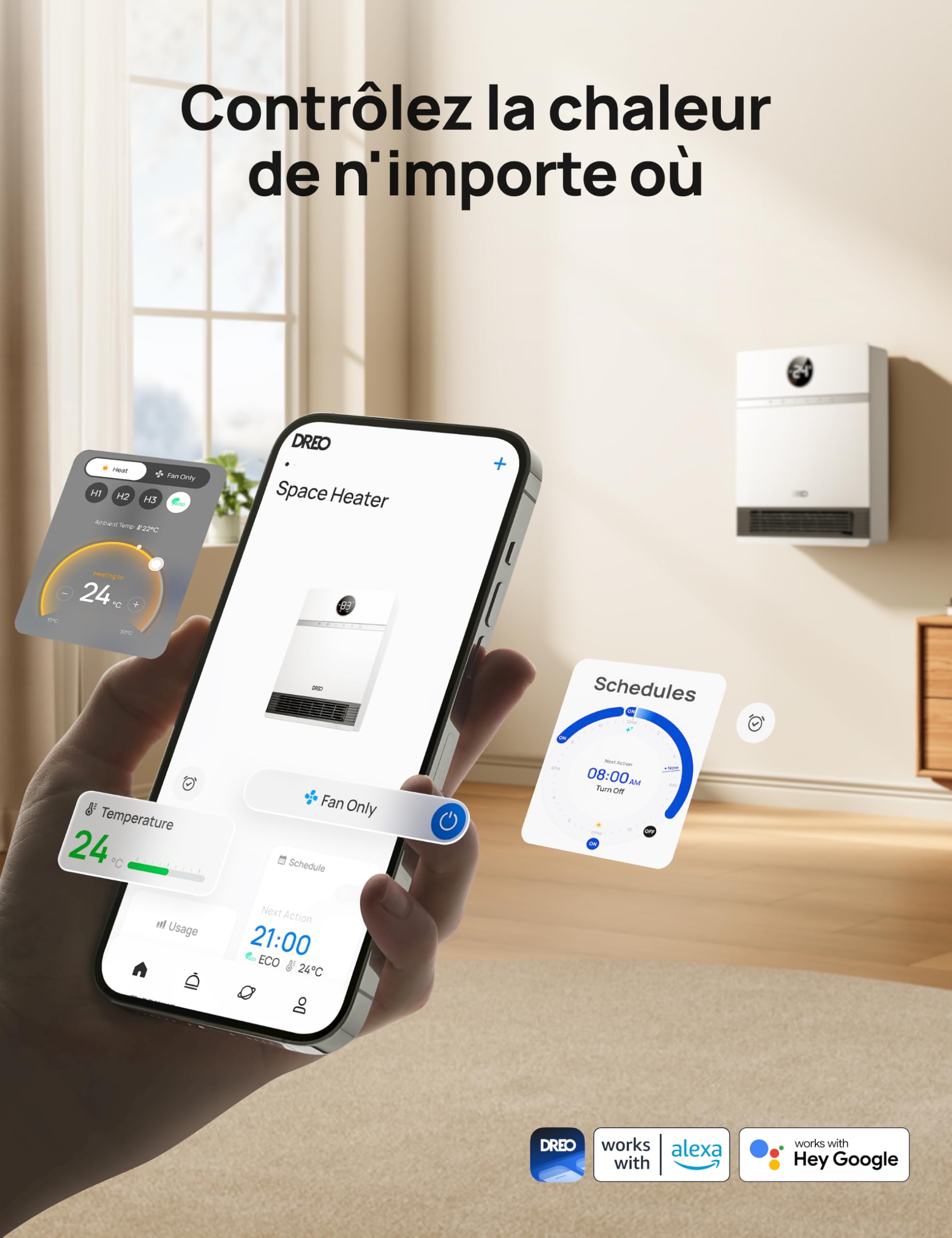 Dreo Intelligent Chauffage d'appoint, Oscillation à 30°, 2000W Chauffage Soufflant Mural, Salle de Bain, Thermostat Réglable, Télécommande, 24H Minuterie, Installation Facile, Compatible avec Alexa