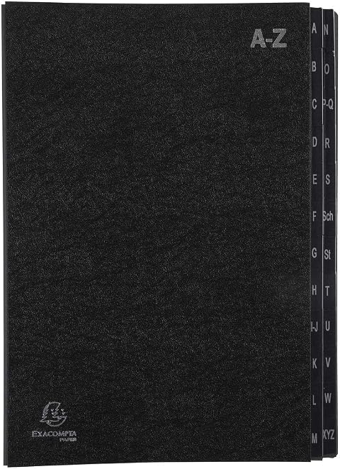 Exacompta 57024E - Cartella portadocumenti riciclata, in cartone extra resistente, 24 scomparti dalla A alla Z, per DIN A4, fori di visualizzazione, linguette rinforzate in plastica, colore: nero
