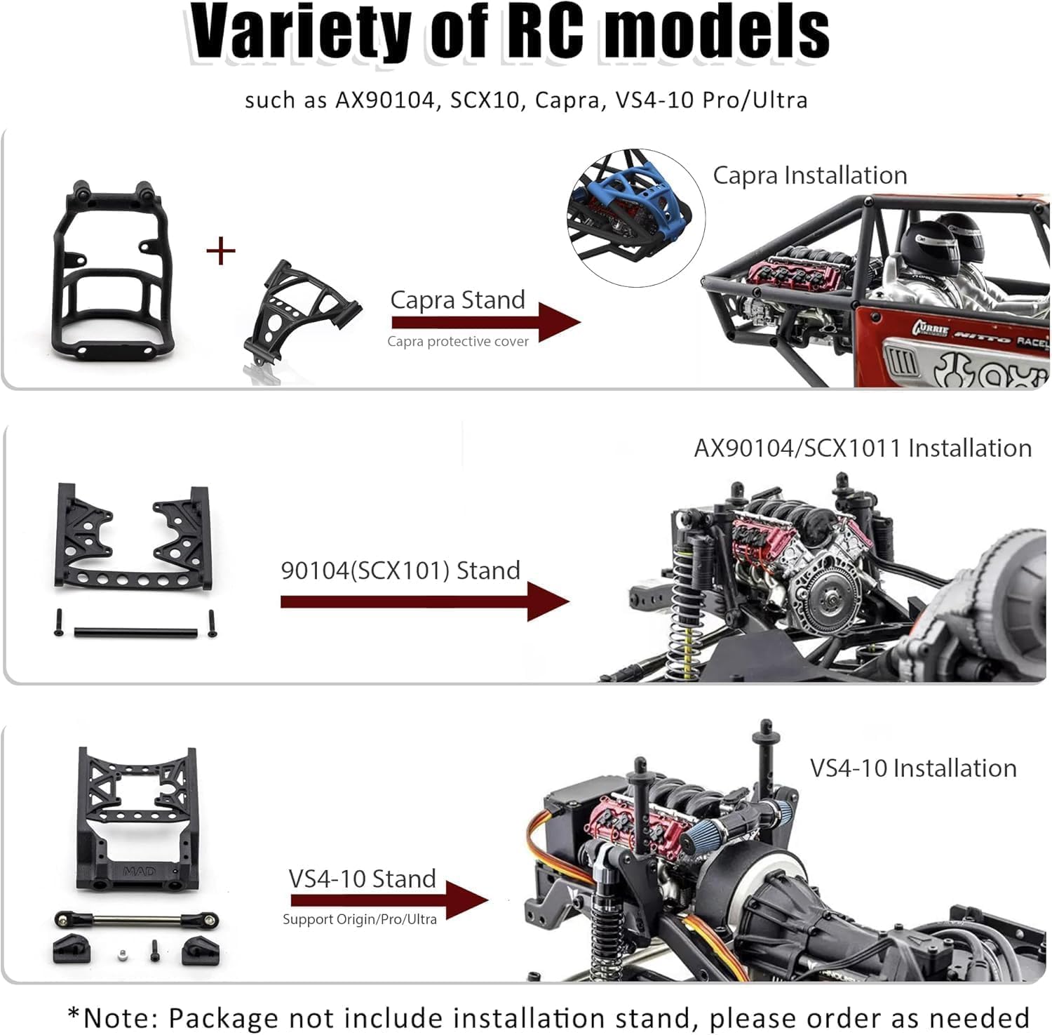 Diagram showing compatibility with various RC car models and stands