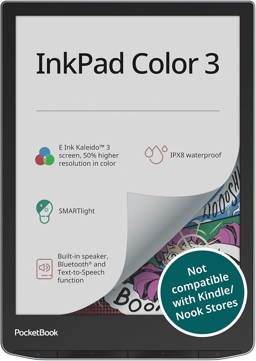 Lector electrónico InkPad Color 3 E Ink de 32 GB - Pantalla de papel electrónico en color mejorada de 7,8" - Lector de audiolibros y libros electrónicos agradable a la vista - Texto a voz - Luz inteligente, Bluetooth, altavoz incorporado - Resistente al agua
