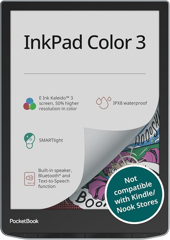 Lector electrónico InkPad Color 3 E Ink de 32 GB - Pantalla de papel electrónico en color mejorada de 7,8" - Lector de audiolibros y libros electrónicos agradable a la vista - Texto a voz - Luz inteligente, Bluetooth, parlante incorporado - Resistente al agua