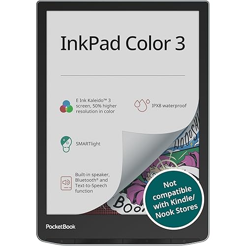 PocketBook InkPad Color 3 E Ink E-Reader 32GB - Enhanced 7.8'' Color E-Paper Display-Eye-Friendly Audio-Book & E-Book Reader-Text-to-Speech-SMARTlight, Bluetooth, Built-in Speaker-Waterproof