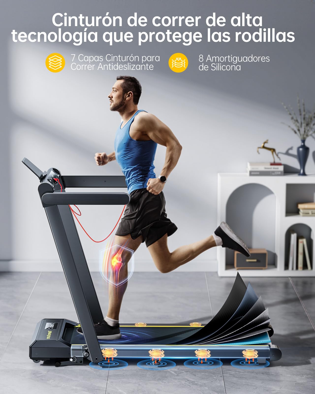 Cinta de Correr Plegable, 6 en 1 Cinta de Correr con Frecuencia Cardíaca | 1%-6%-12% Inclinación, 16KM/H, Dual Pantalla, Bocina Bluetooth, App, Cinta de Andar para Hogar/Oficina