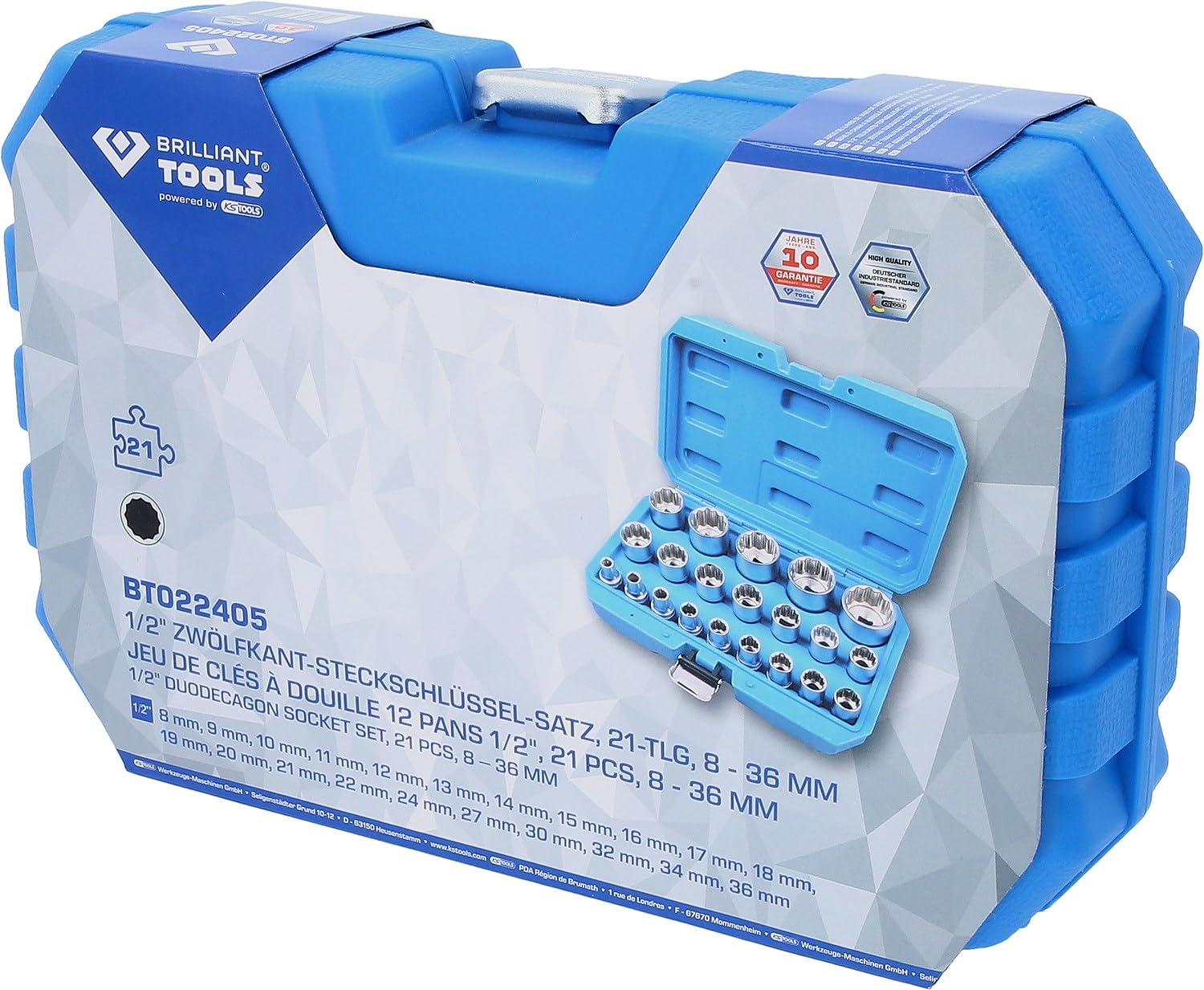 BRILLIANT TOOLS BT022405 Juego de llaves de vaso 1/2", doce cantos, cortas, 21 pzs, 8 - 36 mm [Powered by KS TOOLS]
