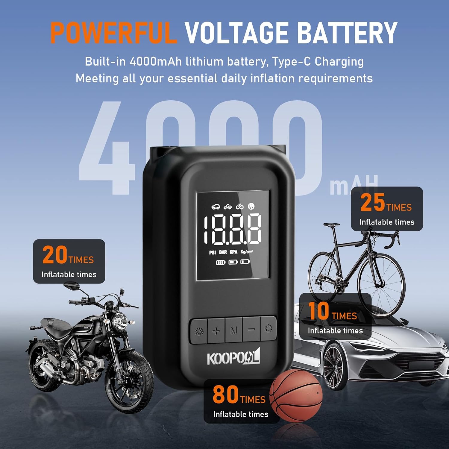 KOOPOOL 150PSI Tire Inflator Portable Air Compressor, 4000mAh image 5