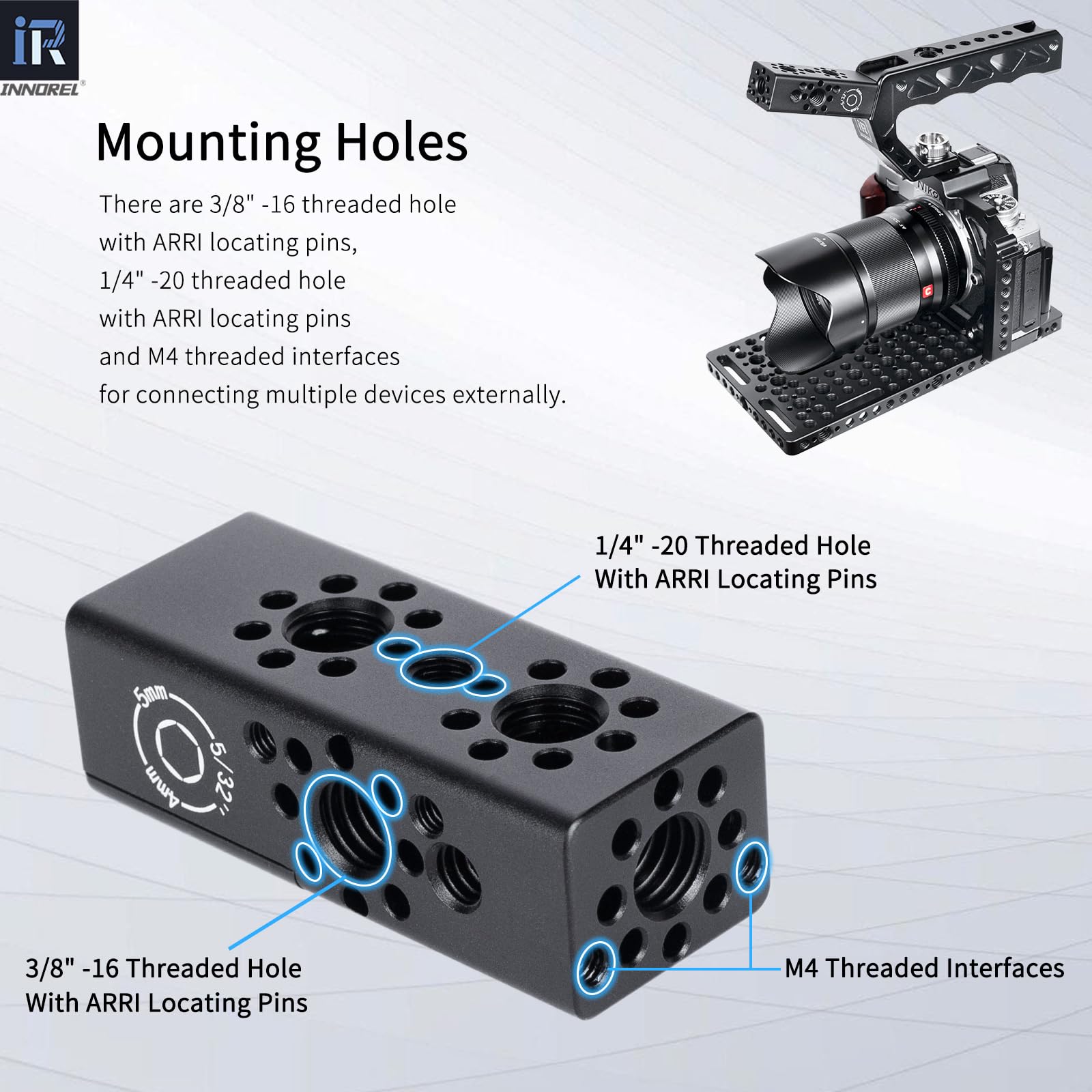 INNOREL CB2 Poignée Multifonction en Alliage d'aluminium CNC,avec Trous de Fixation Arri de 3/8" et 1/4" pour Cadres de Cage de caméra, Plates-Formes vidéo DIY, Tout Point fileté de 3/8"