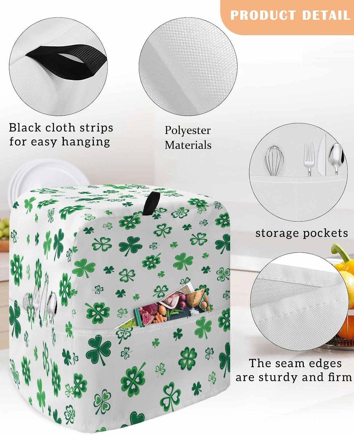 St. Patrick's Day Stand Mixer Cover with Storage Pocket, Waterproof Kitchen Mixer Covers, Green Shamrock Plants Spring Kitchen Appliance Dust Cover Compatible with 6-9 Quart Mixers