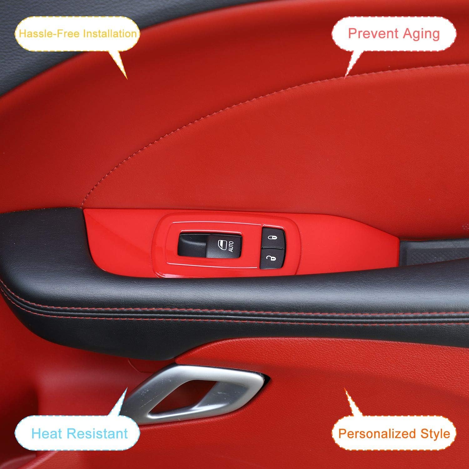 JeCar Window Lift Switch Cover Interior Window Lift Button Trim Kit for 2015-2020 Dodge Challenger, Red