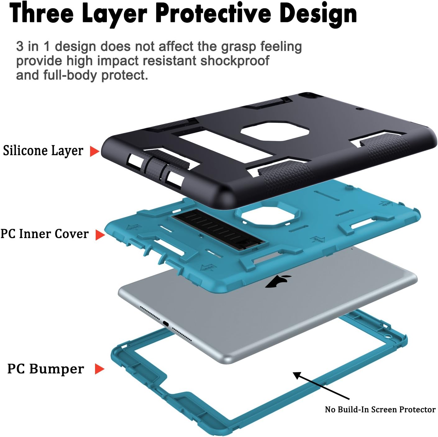 XIQI New iPad 9.7 2018 Case,iPad 6th Generation Case Three Layer Kickstand Armor Defender Heavy Duty Shock-Absorption Rugged Hybrid Protective Case for Apple iPad 9.7 2017/2018 Release,Black Blue