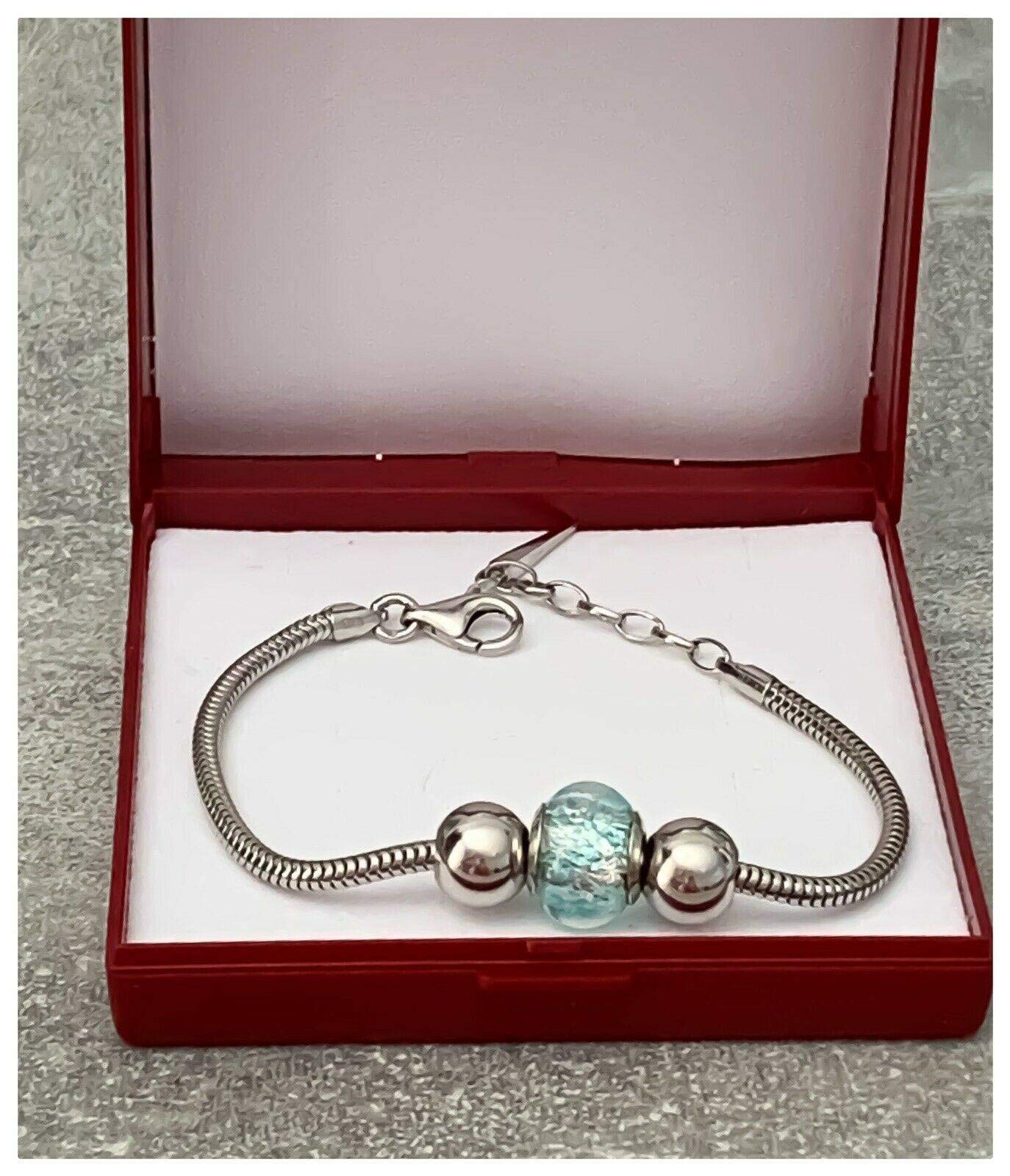Bracciale Charm Perla Blu Chiaro Vetro di Murano & Palline Argento 925/000 Rodiato, 18 cm, Perla