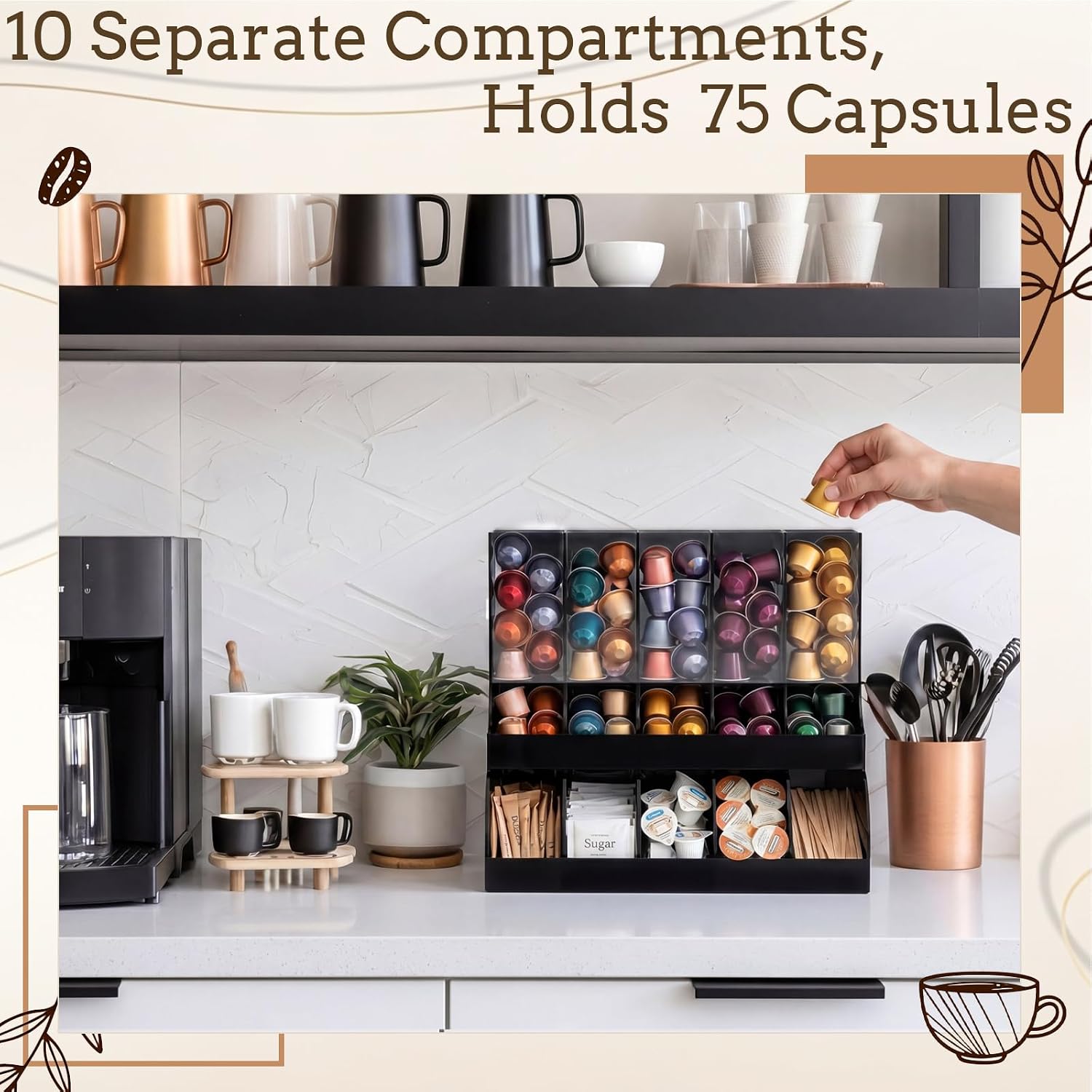 Briwooody 10 Compartments Coffee Pod Holder, Two-tier Large Breakroom Coffee Station Organizer, Holds 75+ Pods, Sugar, Creamers, Tea Bags, 18.5" L x 8.1" w x 15.4" h, Black