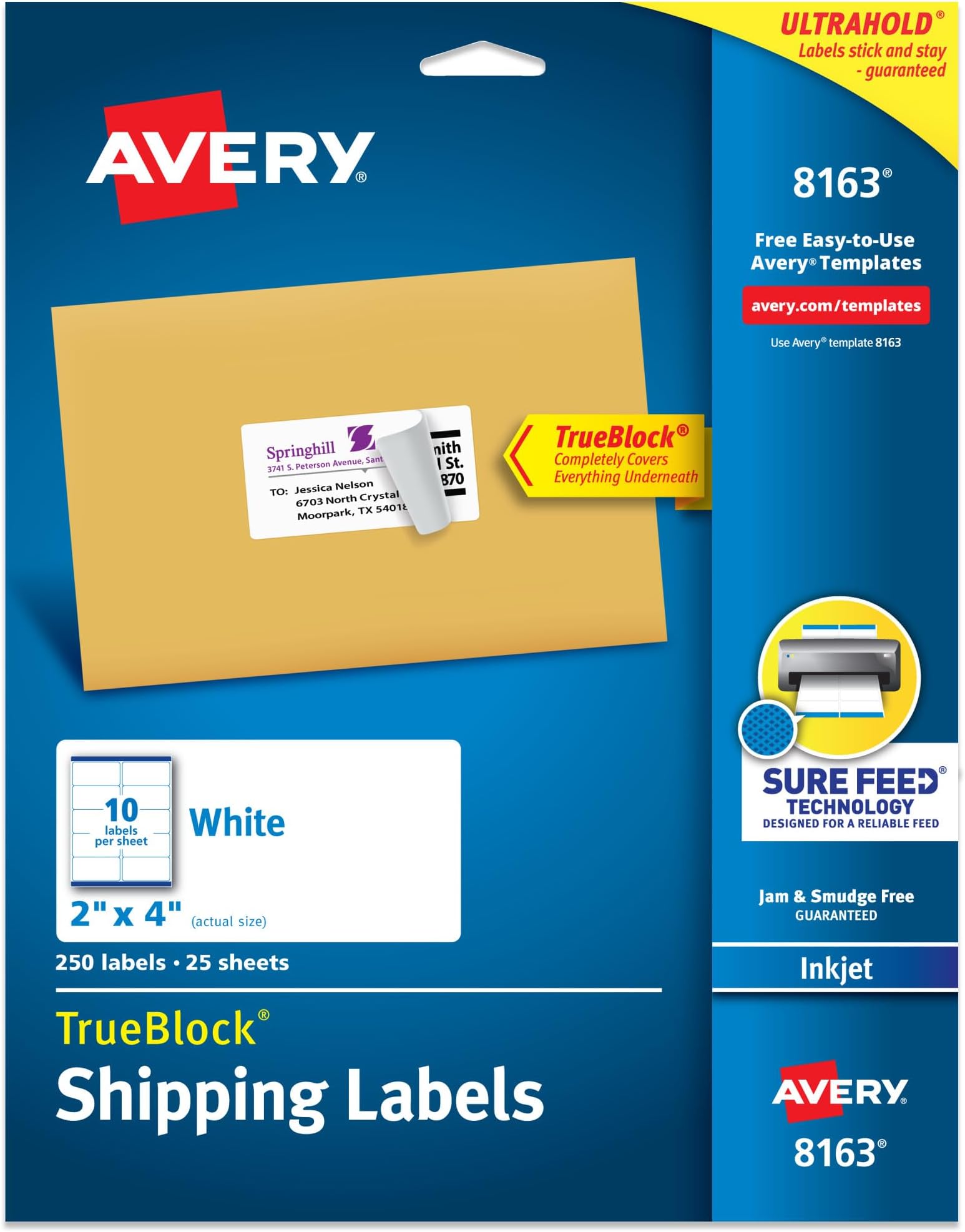 Avery Printable Shipping Labels with Sure Feed, 2" x 4" Customizable Stickers, White, 250 Blank Mailing Labels, Great for Mailing, Shipping, and More (8163)