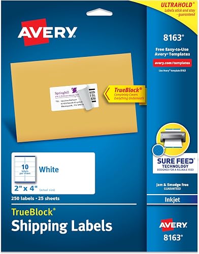 Avery Printable Shipping Labels with Sure Feed, 2" x 4", White, 250 Blank Mailing Labels (8163)