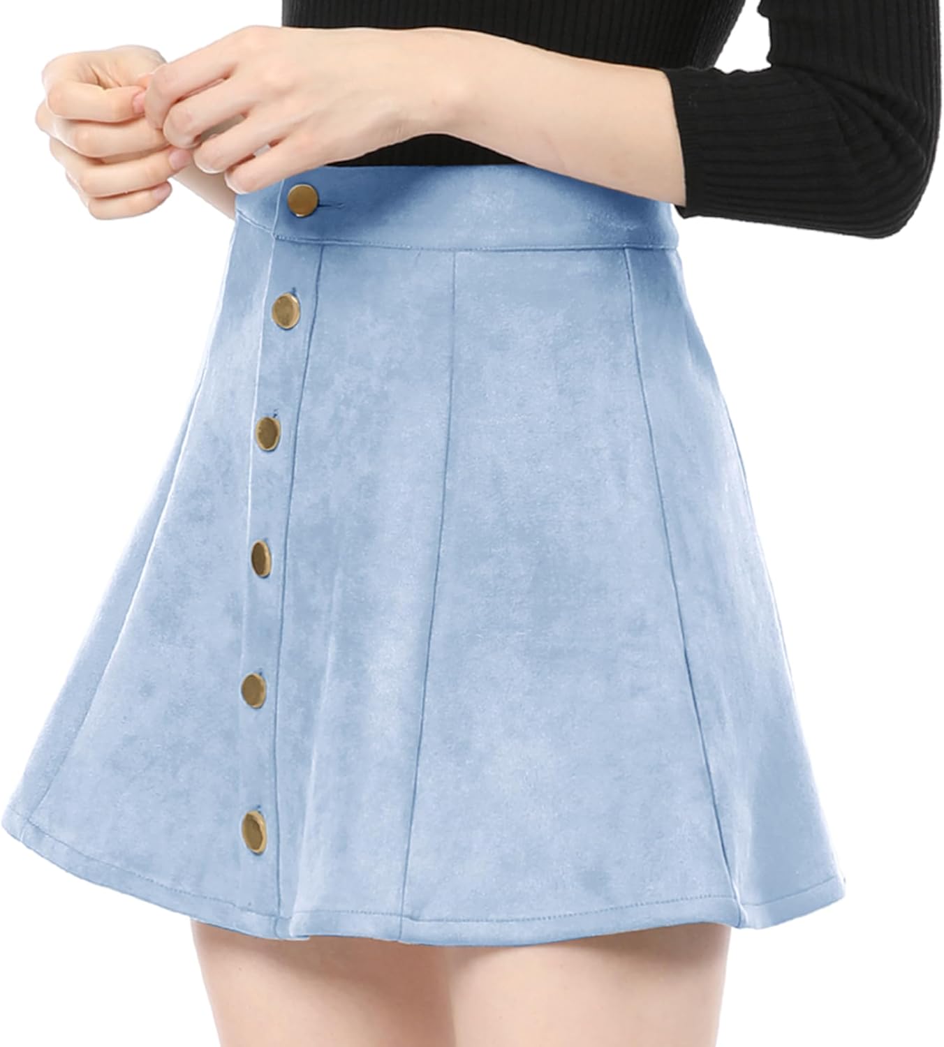 Allegra K Women's Faux Suede Button A-Line High Waisted Flared Mini Short Skirt - Image 3