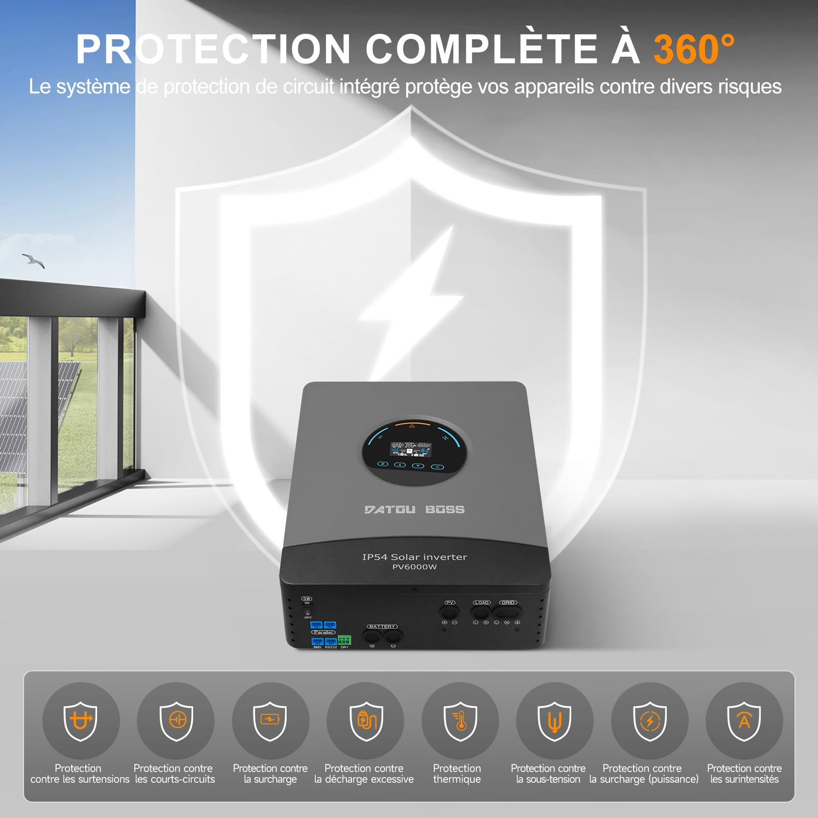 DATOUBOSS Onduleur Solaire Hybride 6000W 48V Pure Sinus, Champ PV jusqu'à 8000W, Régulateur MPPT intégré 120A, Protection Contre la Foudre et l'eau, Compatible avec Batteries Lithium 48V (48V 6000W)