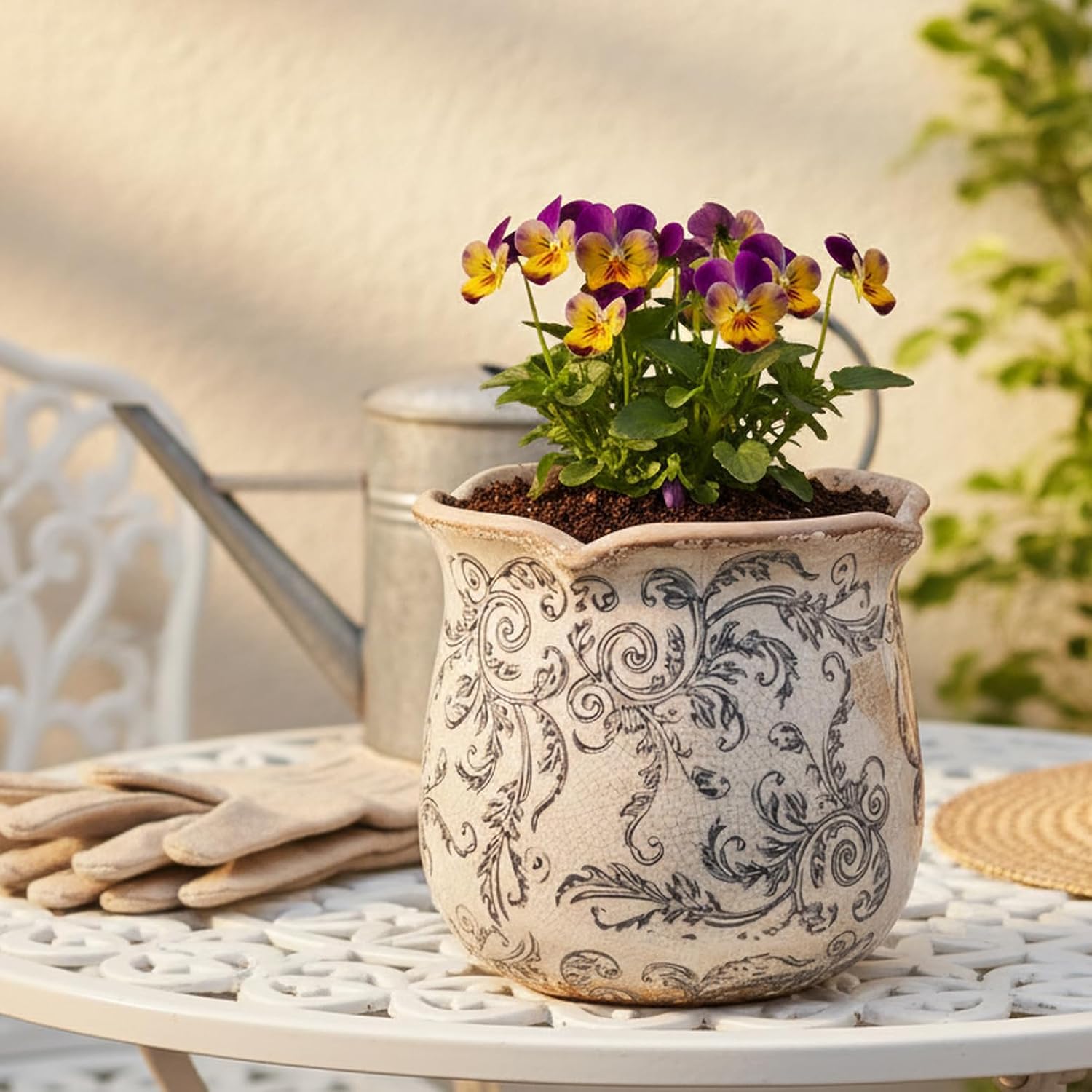 Xiaan Jiaju Ceramic Pots for Plants, Vintage Plant Pot with Drainage Hole, 6.11in. Planter for Indoor Plants, Crackle Glaze Finish Flower Pot, Perfect Tuscan Ceramic Planter for Gardening, Gray Swirls
