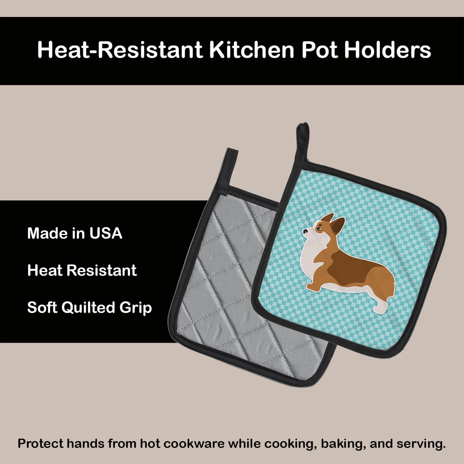 Caroline's Treasures BB3720PTHD Corgi Checkerboard Blue Pair of Pot Holders Kitchen Heat Resistant Pot Holders Sets Oven Hot Pads for Cooking Baking BBQ, 7 1/2 x 7 1/2