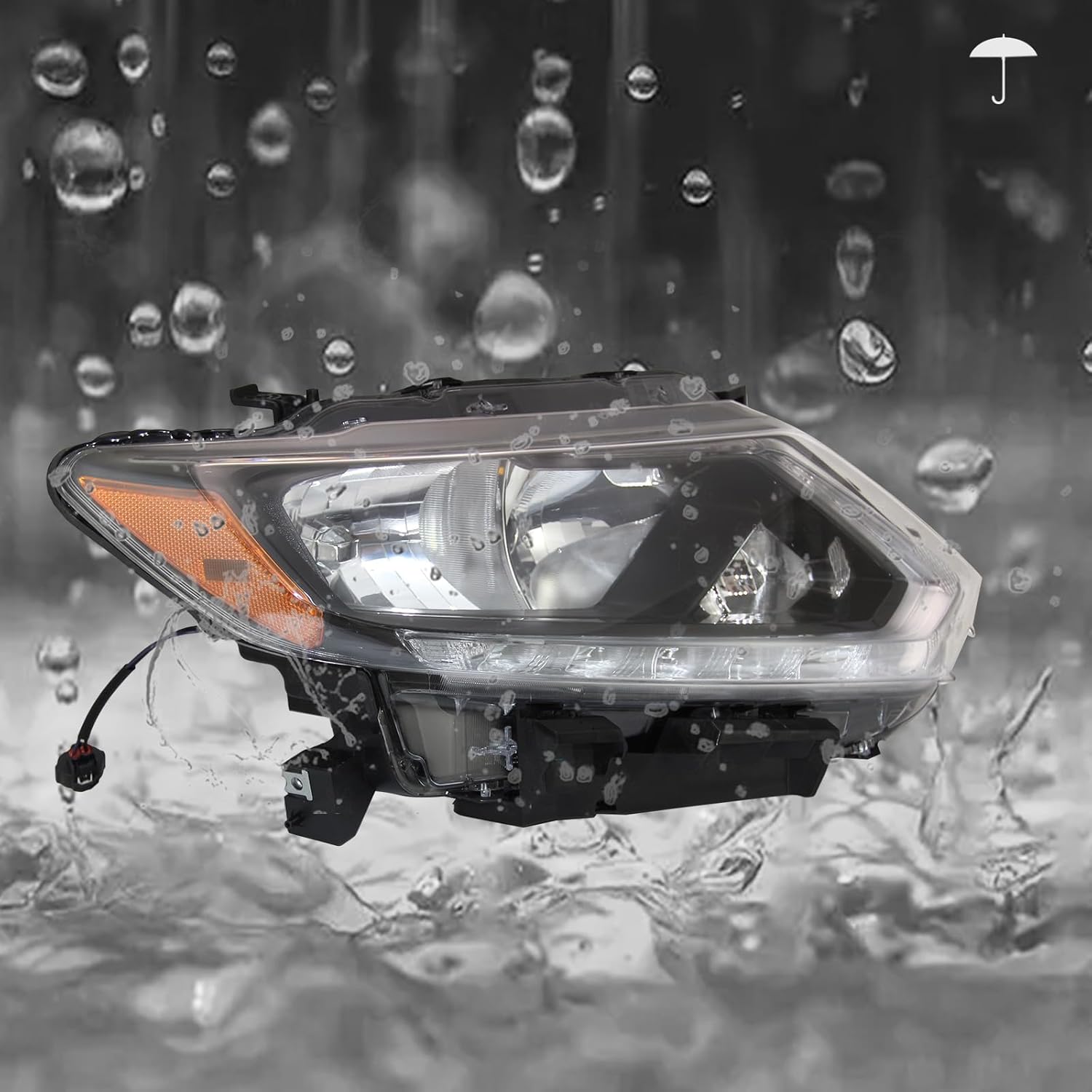 Fit for 2014-2016 Nissan Rogue Headlights Assembly Halogen Headlamp with LED DRL Black&Chrome Housing Amber Reflector Replacement Left & Right Side (without Bulbs)