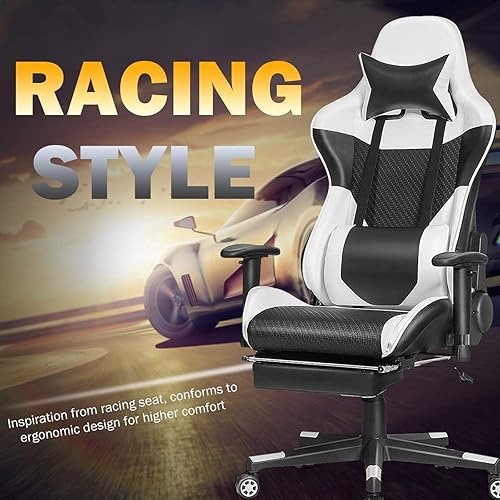 Miniatura 6 de CHEFJOY Silla de masaje para juegos, silla reclinable de respaldo alto con reposacabezas, soporte lumbar, reposapiés, silla de policarbonato de