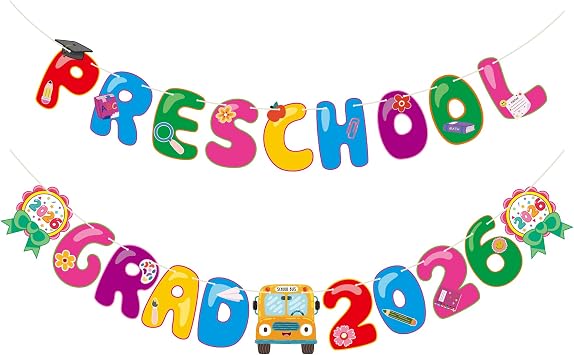 Preschool Graduation Banner 2026, No DIY Preschool Graduation Decorations Class of 2026 Preschool Grad 2026 Banner for Preschool Graduation Party Decors, Preschool Grad Banner
