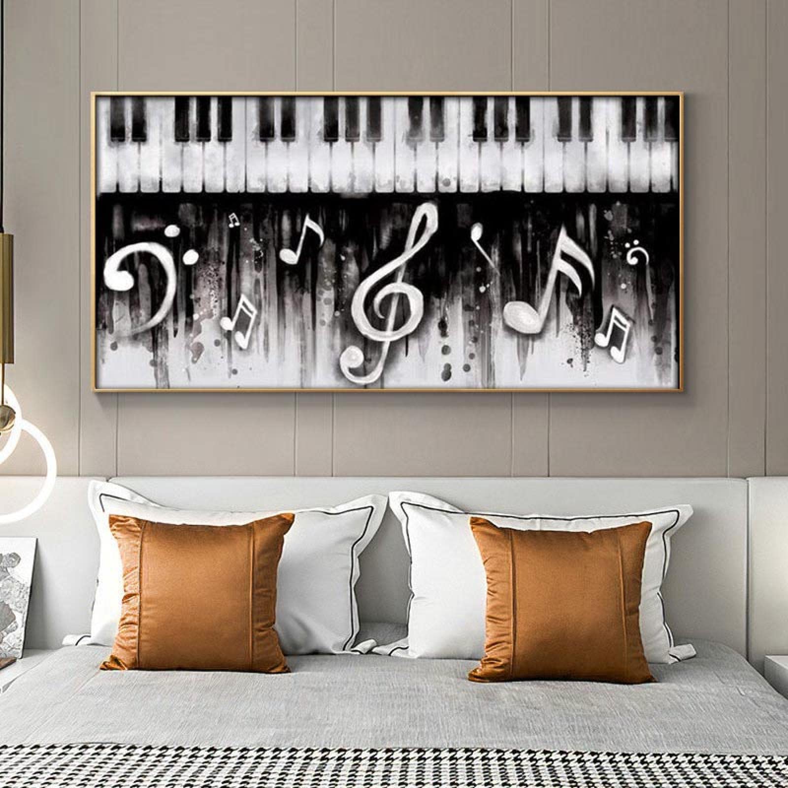 Stampa Su Tela NAN Wind Con Note Musicali - Quadro Nero E Oro 50x20 Cm, Decorazione Murale Per Sala Musica, Aula, Soggiorno