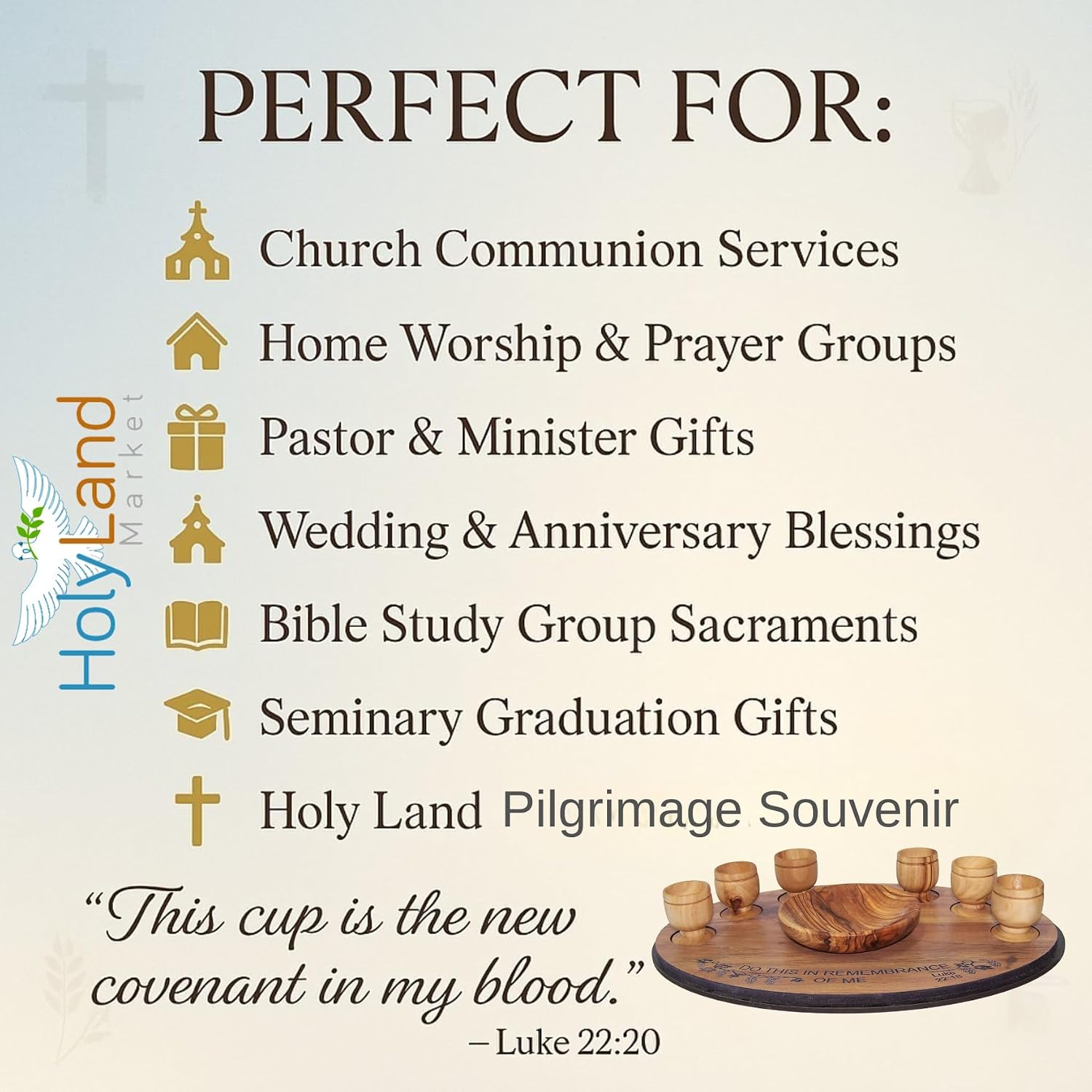 Holy Land Market Olive Wood Communion Set, Round Bowl + 6 Goblets + Tray